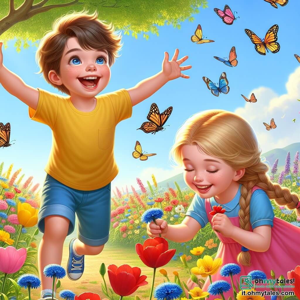 Un ragazzino di 4 anni, di nome Luca, con capelli castani arruffati e occhi scintillanti di gioia, sta correndo in un giardino fiorito. Indossa una maglietta gialla vivace e pantaloni corti blu, sorridendo ampiamente con le braccia aperte, come se volesse catturare le farfalle che volano intorno a lui. Accanto a lui, una bambina di 4 anni, Sofia, con lunghi capelli biondi intrecciati e un vestito rosa, sta raccogliendo un bel fiore rosso. Guarda Luca con un grande sorriso, condividendo il suo entusiasmo per la bellezza del giardino. Il giardino è pieno di fiori colorati: tulipani gialli, papaveri rossi e fiordalisi. Un grande albero verde si erge al centro, con foglie brillanti che danzano nel vento. Il cielo è azzurro chiaro, punteggiato da alcune nuvole bianche e soffici. La scena principale mostra Luca e Sofia intenti in una caccia al tesoro primaverile, meravigliati dalla bellezza della natura che li circonda, pronti a scoprire le meraviglie nascoste del giardino.