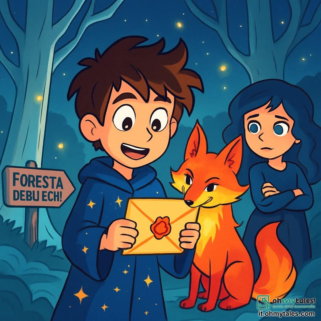 Elian, un giovane mago dai capelli arruffati e dagli occhi brillanti di curiosità, si trova al centro della scena, tenendo una lettera dorata nelle mani tremanti di eccitazione. Indossa una veste da mago blu notte decorata con stelle scintillanti, e il suo volto esprime determinazione e apprensione. Accanto a lui, Lira, una volpe magica dai peli cangianti, osserva con uno sguardo malizioso, pronta ad aiutarlo in questa avventura. Myra, una streghetta di dodici anni con capelli ondulati e occhi brillanti come zaffiri, è leggermente in disparte, con le braccia incrociate e un'espressione di preoccupazione. La scena si svolge nella misteriosa Foresta degli Echi, dove alberi maestosi con tronchi argentati si ergono verso un cielo stellato, illuminato da lucciole danzanti. Leggere nebbie fluttuano tra le radici, aggiungendo un tocco di magia all'atmosfera. Elian, Lira e Myra si preparano a scoprire il segreto della Congrega degli Incanti Perduti, mentre una dolce melodia risuona nell'aria, come un invito all'avventura.