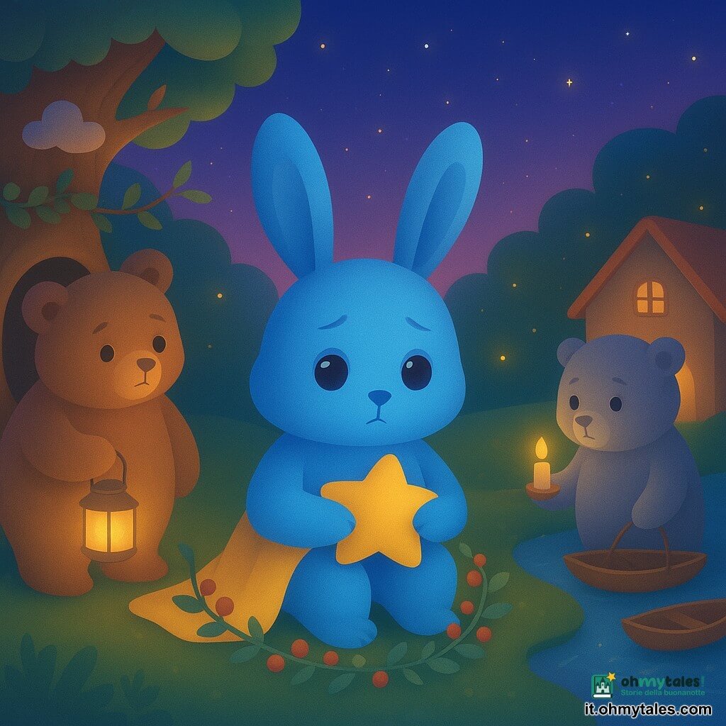 La protagonista è una piccola creatura pelosa blu chiamata Lila, con grandi orecchie lunghe e occhi rotondi brillanti, espressione malinconica ma dolce, seduta al centro con la sua coperta gialla e un cuscino a forma di stella; la madre è una creatura dalla pelliccia bruna, rotonda, dal volto tenero ma leggermente triste, in piedi a sinistra vicino alla tana nell'albero con una lanterna gialla, mentre il padre è una creatura dalla pelliccia grigia, dalla silhouette calma e rassicurante, in piedi a destra vicino a una piccola casa sul ruscello con una barchetta di corteccia e una candela; la scena si svolge in una radura tra le due dimore: a sinistra una tana sotto un vecchio castagno decorata con nuvole e ghirlande di foglie, a destra una casetta sul ruscello con lanterne e barchette, su un tappeto di muschio e sotto un cielo crepuscolare pieno di stelle e lucciole; Lila unisce le due case tenendo due identiche ghirlande di foglie e bacche rosse, simbolo del legame tra i genitori nonostante la separazione; atmosfera calda e tenera, illuminazione soffusa da lanterne, colori pastello e texture morbide, composizione centrata con emozioni visibili sui volti.