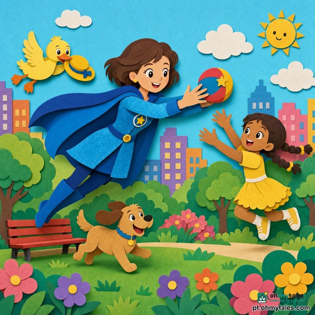 Uma super-heroína sorridente e benevolente, de casaco azul brilhante e capa esvoaçante, cabelos curtos castanhos, voa pouco acima do solo estendendo os braços para apanhar uma bola voadora; à sua direita uma menina de cerca de 6 anos, cabelos em tranças e vestido amarelo, espera surpresa a bola pela metade no ar; ao pé da heroína um pequeno cão castanho claro de orelhas caídas abana a cauda feliz; à esquerda um pato amarelo com um pequeno chapéu voa batendo as asas e segura o chapéu recuperado no bico. Parque urbano ensolarado com relvado verde, banco vermelho, árvores arredondadas e prédios coloridos ao fundo; cena alegre de resgate de brinquedos, cores vivas, contrastes nítidos e formas simples em estilo recorte de papel, luz solar suave e sombras leves.