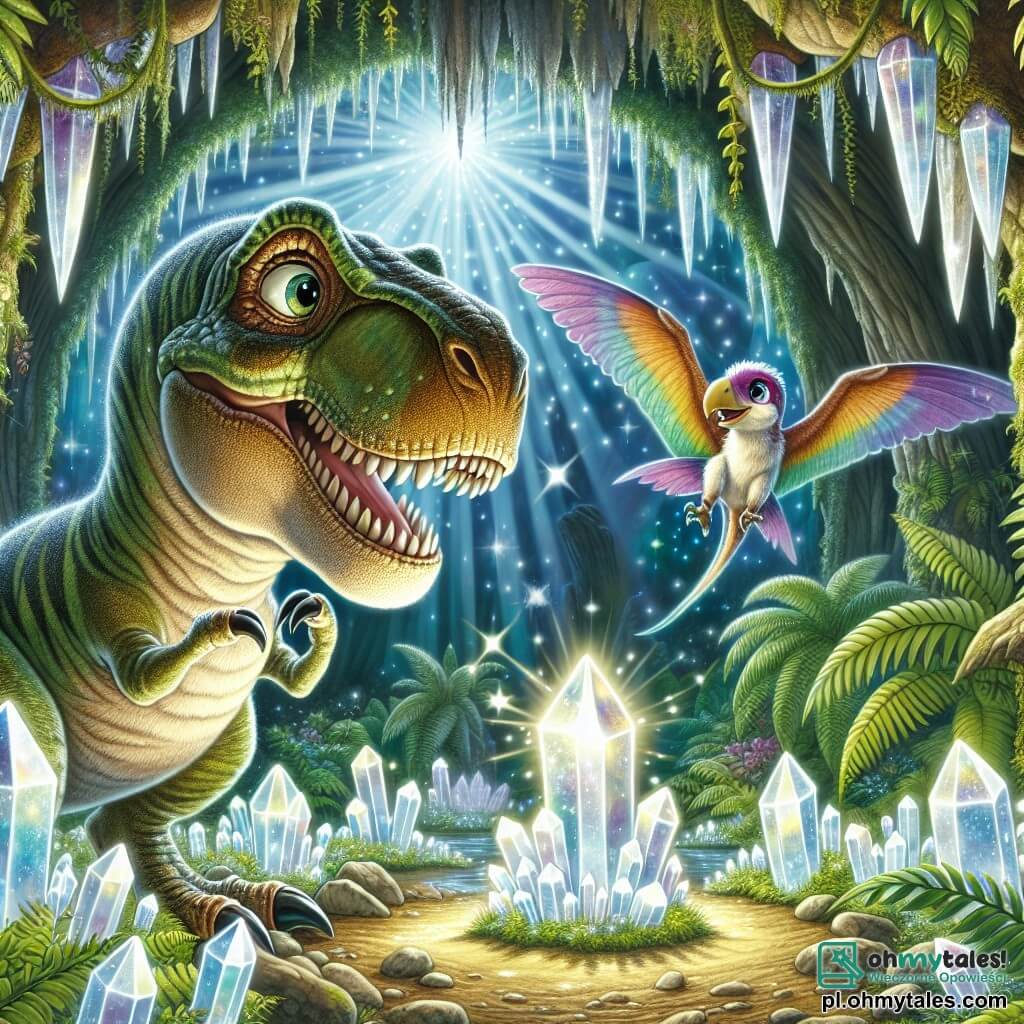 Tyrannosaurus Rex o zielono-brązowym futrze, z dużymi błyszczącymi oczami i ciekawym uśmiechem, stoi w centrum tajemniczej jaskini, otoczony migoczącymi kryształami emitującymi delikatne światło. Rex, z wyrazem zachwytu na twarzy, wyciąga łapę w stronę intensywnie świecącego kryształu. Obok niego unosi się młody pterodaktyl o imieniu Piko, z kolorowymi skrzydłami i zaniepokojonym spojrzeniem, obserwując scenę. W tle bujne paprocie i pokryte mchem skały dodają magii otoczeniu. Główna sytuacja pokazuje Rexa odkrywającego magię kryształów, gotowego podzielić się tą niesamowitą przygodą z przyjaciółmi.
