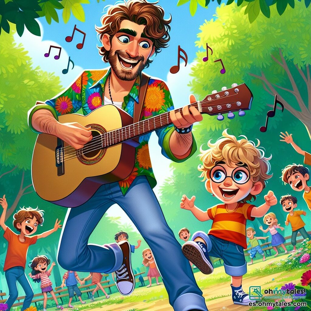 Un hombre llamado Pablo, de unos treinta años, con cabello rizado y barba bien cuidada, toca la guitarra con una gran sonrisa en su rostro. Lleva una camisa colorida y pantalones de mezclilla, y sus ojos brillan de alegría mientras comparte su pasión por la música. A su lado, un niño llamado Lucas, de unos 8 años, con cabello rubio alborotado y gafas redondas, sostiene una pequeña guitarra y baila alegremente, sus ojos brillando de emoción. Están en un parque verde, rodeados de árboles con hojas brillantes y flores coloridas, con niños que los miran y bailan a su alrededor. La escena representa un concierto improvisado, donde la música resuena en el aire, creando una atmósfera festiva y alegre, llena de risas y felicidad.