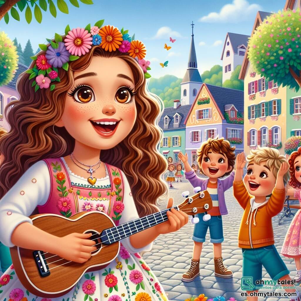 En el centro de la imagen, Sofía, una joven de unos 12 años, tiene largos cabellos castaños ondulados y una gran sonrisa que irradia alegría. Lleva un vestido colorido adornado con flores y sostiene un ukulele brillante en sus manos, con los ojos brillantes de emoción mientras canta con pasión. A su derecha, Lucas, un niño de 10 años con cabello rubio desordenado y gafas redondas, aplaude con entusiasmo, con la boca abierta en una gran sonrisa. A su izquierda, Ana, una niña de 11 años con rizos pelirrojos y pecas, baila alegremente, con los brazos levantados hacia el cielo, llena de energía y felicidad. La escena tiene lugar en una encantadora plaza del pueblo, rodeada de casas coloridas y grandes árboles verdes, donde flores multicolores bordean el camino. Niños y adultos están reunidos alrededor, todos cautivados por la música. Sofía y sus amigos están dando un concierto, cantando una canción alegre sobre la amistad y la protección de la naturaleza, mientras el sol brilla y los pájaros vuelan en el cielo azul, creando una atmósfera festiva y cálida.