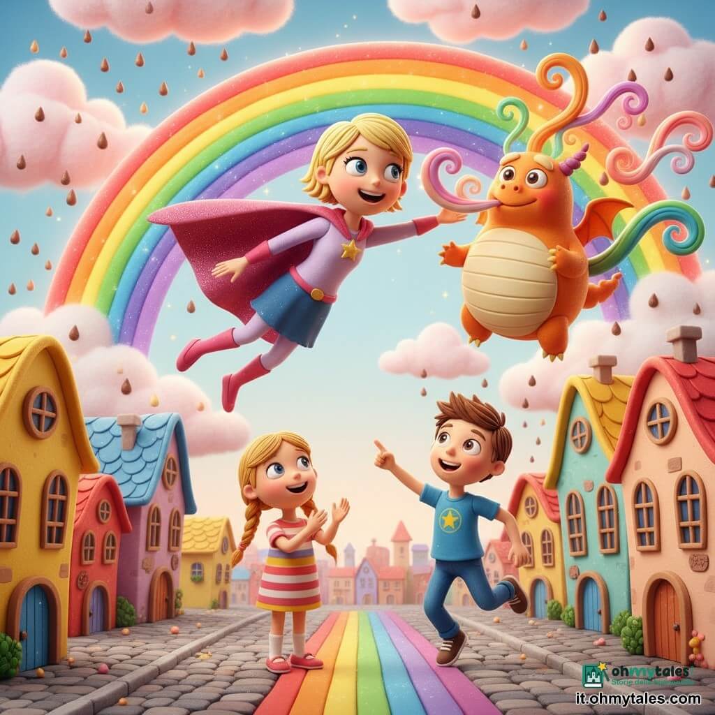Stella Luce, donna supereroina gioiosa con mantello stellato, capelli corti biondi e grandi occhi brillanti, vola sorridendo e tende la mano verso un arcobaleno; accanto a lei un drago arancione, rotondo e buffo, con occhi vivaci soffia archi colorati e nuvole di zucchero filato; una bambina di circa 5 anni con trecce e vestito a righe guarda stupita e applaude, un bambino di circa 6 anni con capelli castani e pantaloni blu salta di gioia indicando il cielo; la città di Sorrisi con casette colorate dai tetti curvi, strada lastricata multicolore, nuvole rosa e bianche e una pioggia di gocce di cioccolato scintillanti; scena principale: Stella e il drago creano insieme un grande arcobaleno sopra la città, atmosfera calda, colori vivaci ed espressioni felici