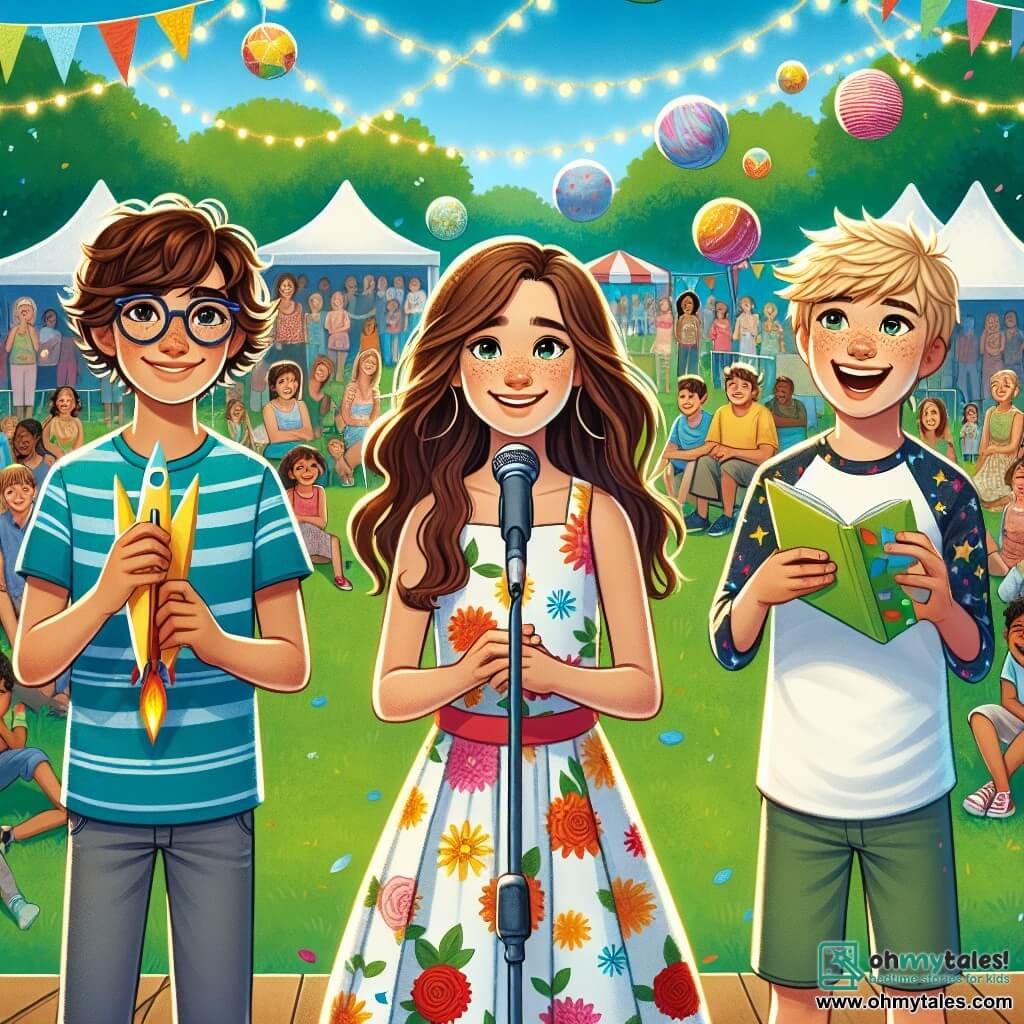 Three friends, a 12-year-old boy named Alex, a 12-year-old girl named Mia, and a 12-year-old boy named Sam, stand on an outdoor stage at a community festival. Alex, with messy brown hair and glasses, smiles enthusiastically while holding a paper rocket model. Mia, with long brown hair in a colorful dress, reads a poem with pride on her face. Sam, with blonde hair and a patterned t-shirt, juggles colorful balls, laughing joyfully. The setting is a green park filled with families and children, featuring colorful stalls, floating balloons, and twinkling lights. The blue, sunny sky creates a festive atmosphere. The main scene shows the three friends, beaming with confidence, sharing their talents with the audience, celebrating their friendship and courage to face their fears together.