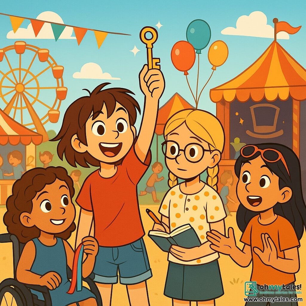 Four girls, aged 10 to 12, stand at the center of a lively scene. Mia, an 11-year-old with messy brown hair and a big smile, wears a red t-shirt and denim shorts, holding a shiny key with sparkling eyes. Next to her, Zoe, a 12-year-old with braided blonde hair, wears a polka-dot blouse and glasses, attentively looking at a notebook, ready to take notes. Ava, a 10-year-old in a wheelchair with curly hair, wears a blue dress and smiles determinedly while holding a colorful ribbon. Finally, Lily, an 11-year-old with black hair and sunglasses, animatedly tells a story, captivating her friends' attention. The setting is a vibrant carnival with colorful tents, twinkling lights, and balloons floating in the blue sky. Children laugh and play around them as a large carousel spins in the background, adding a touch of magic to the atmosphere. The girls are in front of a magic booth where a magician has recently revealed a mystery. They enthusiastically discuss the key found by Mia, which could help them solve the mystery of the missing carnival prize. The scene radiates excitement and friendship, illustrating their investigative spirit and determination to uncover the truth.