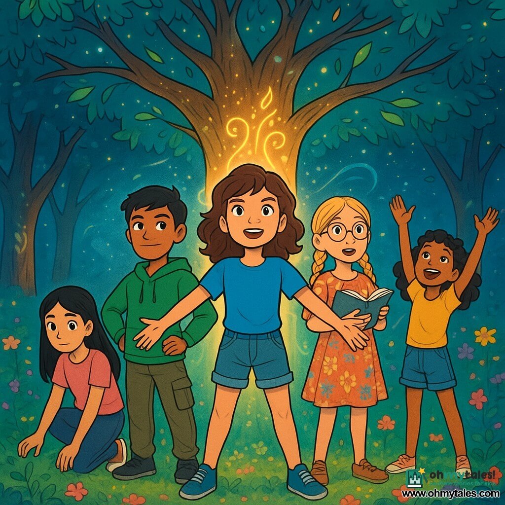 There are 5 characters: Kara, a 12-year-old girl with wavy brown hair and sparkling eyes, wearing a blue t-shirt and denim shorts, stands in the center with arms open, full of determination. Ganesh, a 12-year-old boy with short black hair and tanned skin, wears a green sweatshirt and cargo pants, slightly forward with hands on hips, showing confidence. Cloe, a 12-year-old girl with braided blonde hair and round glasses, wears a floral dress and stands slightly back, holding an open book with wide eyes of wonder. Vineetra, an 11-year-old girl with long, straight black hair, is on the left in a pink t-shirt and sports pants, hands on the ground surrounded by small plants. Kria, a 10-year-old girl with curly hair and a small fringe, wears a yellow t-shirt and denim shorts, on the right raising her arms to the sky as if controlling the wind. The setting is a magical park filled with large trees covered in glowing symbols, shimmering leaves under the moonlight, and colorful flowers creating a vibrant carpet on the ground. At the center, a majestic tree shines with a soft, warm light, emitting palpable energy. The main situation shows the children standing together around the glowing tree, ready to face their fears, as a gentle wind rustles the leaves, surrounded by a magical aura symbolizing their unity and determination to protect the park's magic.