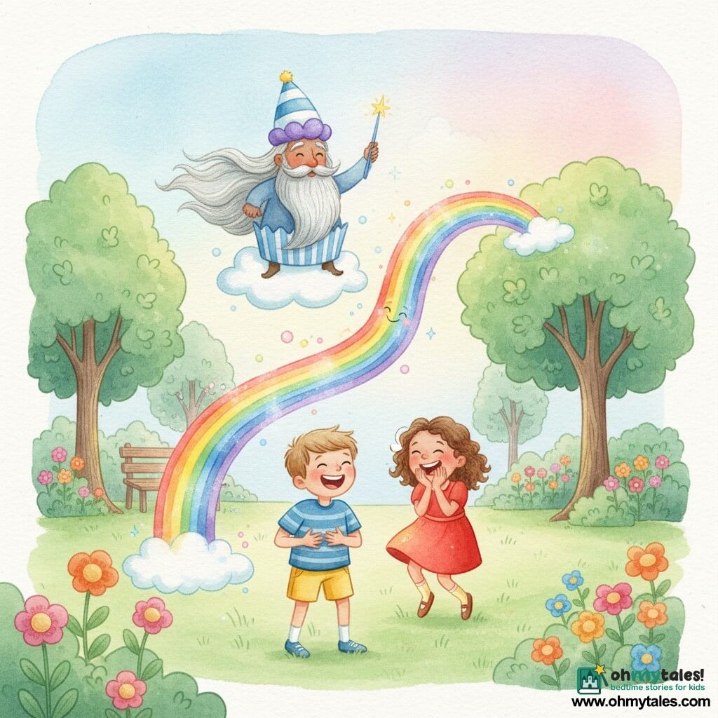 A radiant 6-year-old boy with short light brown hair and laughing eyes, hands on his belly, wears a blue striped T-shirt and yellow shorts in the foreground; behind him floats the Wishing Wizard, a bearded man with a long silver beard and cupcake-shaped hat, grinning mischievously and waving a sparkling wand from a small cloud; beside the boy stands Lucy, about 6, small with curly brown hair in a red dress, doubled over laughing with her hands to her mouth; the park has soft green grass, round‑leaved trees, colorful flowers and a wooden bench under a pastel sky; a wide bright rainbow waves down toward the children like fresh paint, wiggling like a soft laughing ribbon with sparkles and colored bubbles emanating from it; the boy and wizard are telling a joke to the laughing rainbow as it begins to shrink, creating a joyful, gentle, slightly magical scene with light shadows and watercolor washes.