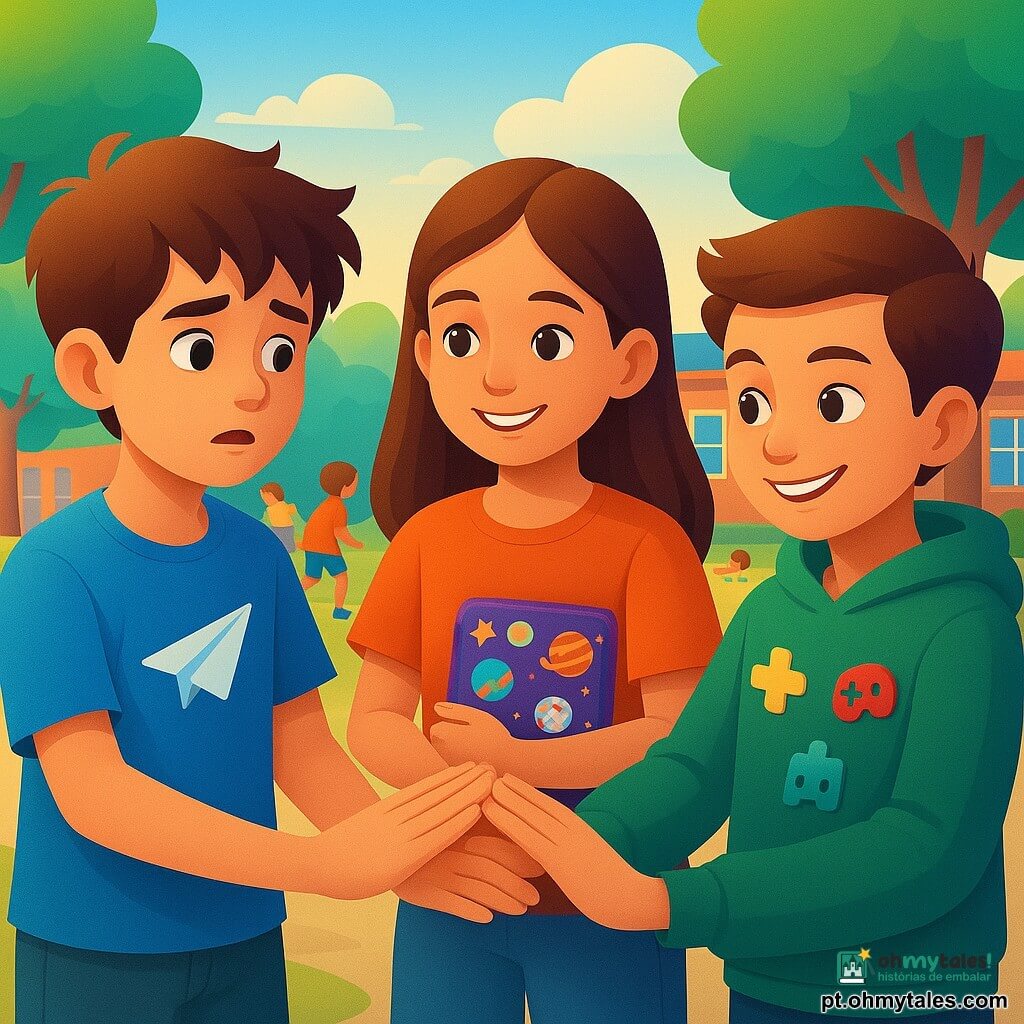 Um menino de 10 anos, chamado Miguel, está no pátio da escola, com um rosto curioso e ligeiramente nervoso. Ele tem cabelos castanhos despenteados e veste uma camiseta azul com um desenho de avião de papel. Ao lado dele, uma menina de 10 anos, Ana, sorri calorosamente, segurando um estojo colorido com adesivos de planetas. Um menino de 11 anos, Tiago, está à frente deles, vestindo um moletom com patches de videogames, olhos brilhando de travessura. O pátio da escola é animado, com árvores verdes, bancos coloridos e crianças brincando ao redor. A cena principal mostra Miguel e seus amigos formando uma "concha de cuidado" com as mãos, simbolizando sua promessa de respeito e amizade.