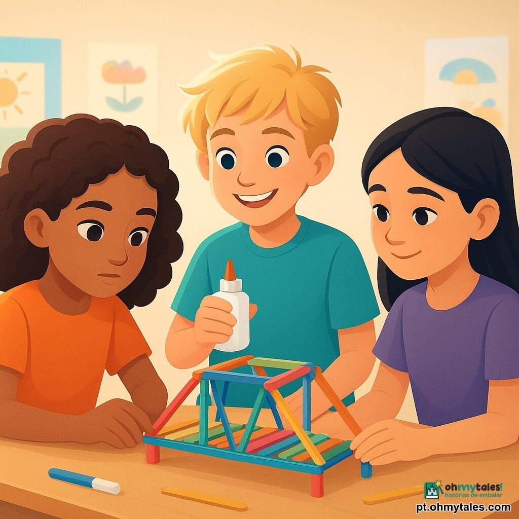 Uma menina de 10 anos, Inês, com cabelos castanhos encaracolados e olhos curiosos, está sentada à mesa, concentrada e determinada, consertando uma pequena maquete de ponte feita de palitos coloridos. Ao lado dela, um menino de 10 anos, Rui, com cabelos loiros despenteados, segura um tubo de cola com um sorriso encorajador. Do outro lado, uma menina de 10 anos, Mariana, com cabelos pretos e lisos, segura delicadamente um dos pilares da ponte para estabilizá-lo. Todos estão sentados ao redor de uma mesa de madeira em uma sala de aula iluminada, com cartazes coloridos e desenhos de crianças pendurados nas paredes. A situação principal mostra as crianças trabalhando juntas com cuidado e atenção para consertar a ponte, simbolizando cooperação e resolução de problemas.