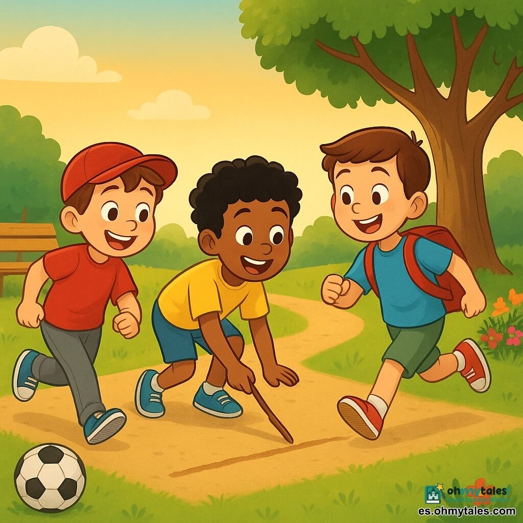 Tres niños de 6 años: Lucas, pelo castaño corto, piel clara, camiseta azul y pantalón corto verde, corre a la derecha con gran sonrisa y una tableta apagada en su mochila roja bajo el árbol; Mateo, pelo negro rizado, piel morena, camiseta amarilla, en el centro agachado trazando la línea de salida con un palo y mirando a sus amigos con entusiasmo; Diego, pelo castaño, piel bronceada, gorra roja y pantalón gris, a la izquierda en posición de salida, manos listas y ojos risueños. En un parque al final de la tarde, césped verde, gran árbol a la derecha, flores coloridas y un banco junto a un sendero de tierra claro. Los tres arrancan una carrera sobre la hierba, con trazos de movimiento, risas, leve polvo levantado, un balón apartado; escena alegre, colores vivos y contornos nítidos.