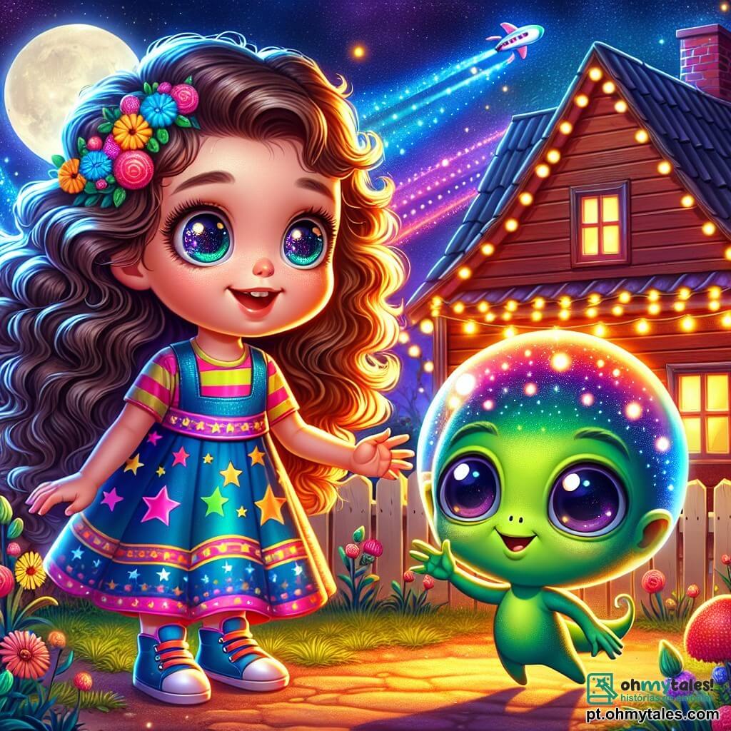 Uma menina de 10 anos, Lúcia, está no centro da imagem, com grandes olhos brilhantes e cabelos castanhos cacheados que caem sobre os ombros. Ela usa um vestido colorido com padrões de estrelas e um sorriso encantado no rosto, olhando para uma pequena criatura extraterrestre. Ao seu lado, um extraterrestre verde chamado Zib, com grandes olhos redondos e um sorriso amigável, flutua levemente acima do chão. Ele tem uma pele brilhante e usa um pequeno dispositivo na cabeça que emite luzes cintilantes. Ao fundo, há uma casa de madeira com telhado de telhas, cercada por um jardim colorido cheio de flores. O céu está estrelado, com uma grande lua brilhante, e uma nave espacial colorida está pousada na grama, iluminada por luzes vivas. A cena principal mostra Lúcia e Zib rindo juntos, enquanto outras crianças da escola, curiosas e maravilhadas, se aproximam para ver a nave espacial, criando uma atmosfera de descoberta e amizade.
