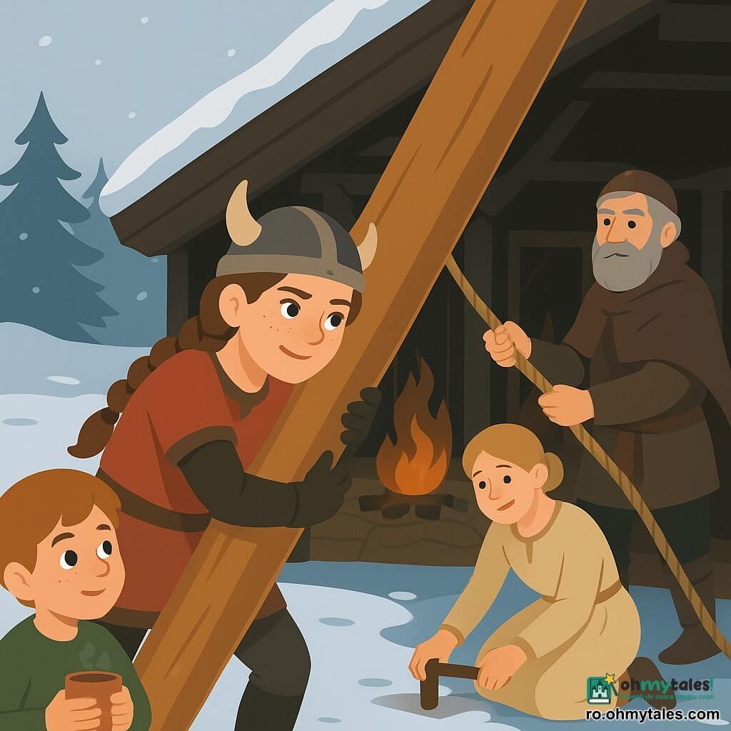 O tânără vikingă, Astrid, cu fața rotundă și pistrui, părul brun împletit, privire hotărâtă, împinge cu efort o grindă groasă de pin; un bătrân, Ulf (~60 ani), cu barbă cenușie și haină de lână, ține o frânghie și ghidează grinda din dreapta, lângă intrarea în longhouse; un băiat de ~10 ani, Leif, cu obrajii înroșiți, ține o cană de ceai și o privește admirativ din prim-plan stânga; o tânără, Sigrun (~16 ani), cu părul prins, ține o lopată și, în genunchi, ajustează un suport pentru grindă; scena e într-un longhouse nordic din lemn închis, acoperit de zăpadă, cu ardere caldă în vatră și peisaj de pini înzăpeziți — satul ridică și fixează un stâlp de susținere pentru a repara clădirea prăbușită, atmosferă de iarnă și efort colectiv.