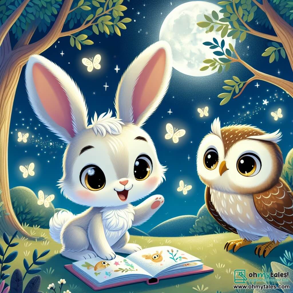 An illustration depicts a small rabbit with soft white fur, large upright ears, and curious bright eyes. It stands on its hind legs in front of an open colorful book, its face lit up by a delighted smile, ready to explore the night. Nearby, a wise owl with brown feathers and round golden eyes perches on a tree branch, looking at the rabbit with a kind and encouraging expression, its wings slightly spread as if ready to take flight. The main setting is an enchanted clearing, bathed in silver moonlight, surrounded by majestic trees whose leaves gently sway in the night breeze. Fireflies sparkle in the air, creating a magical and soothing atmosphere, while soft shadows dance on the ground. The main scene shows the little rabbit, amazed by the beauty of the night, discovering the world around it, while the owl watches wisely, ready to share stories about the wonders of the night. Additional graphic elements include twinkling stars in the sky, nocturnal flowers gently opening, and playful shadows cast by the moonlight, adding a touch of mystery and magic to this night scene.