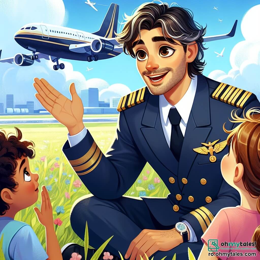 Personajul principal este Căpitanul Andrei, un bărbat de patruzeci de ani, cu părul brun ușor cărunt și ochi strălucitori de pasiune. Poartă o uniformă de pilot albastră închisă, cu epauleți aurii, și un zâmbet cald pe față în timp ce le povestește copiilor. Printre personajele secundare se află Alex, un băiat de 10 ani, cu părul blond zbârlit și ochi curioși, care îl ascultă atent, așezat pe iarbă. Maria, o fetiță de 9 ani cu părul creț și un tricou roz, ridică mâna pentru a pune o întrebare, având o expresie de uimire. Scena se desfășoară lângă un aeroport, cu un cer albastru strălucitor și avioane în fundal, nori albi plutind ușor. Iarba verde este presărată cu flori colorate, iar copiii stau în cerc în jurul Căpitanului Andrei, captivați de poveștile sale. Situația principală arată Căpitanul Andrei împărtășind povești despre aventurile sale în zbor, în timp ce copiii, fascinați, visează să devină și ei piloți, creând o atmosferă de inspirație și uimire.