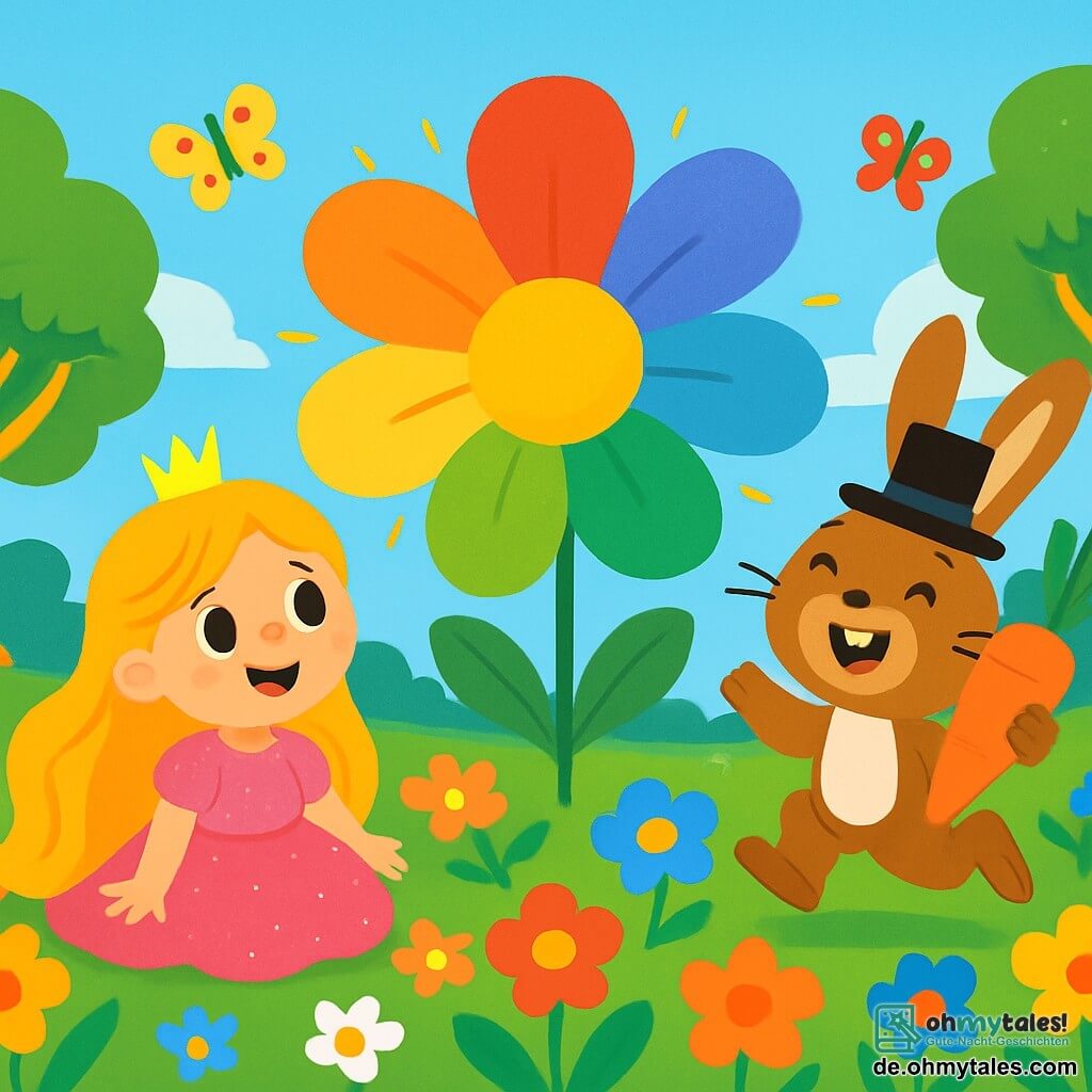 Eine kleine Prinzessin namens Lilli mit langen goldenen Haaren und einem glitzernden rosa Kleid lächelt voller Staunen. Sie sitzt auf einem großen Feld mit bunten Blumen, ihre Augen strahlen vor Freude. Neben ihr hüpft ein junger Junge, der Hut-Hase, mit Hasenohren und einem Zylinder, fröhlich und hält eine große Karotte in seinen Pfoten. Der Ort ist ein wunderschöner verzauberter Garten, gefüllt mit riesigen, leuchtend bunten Blumen, tanzenden Schmetterlingen und Bäumen mit goldenen Stämmen unter einem strahlend blauen Himmel. Im Zentrum dieser Szene entdecken Lilli und der Hut-Hase eine riesige Regenbogenblume, die in der Sonne glänzt. Sie lachen zusammen, begeistert von der Schönheit der Natur um sie herum.