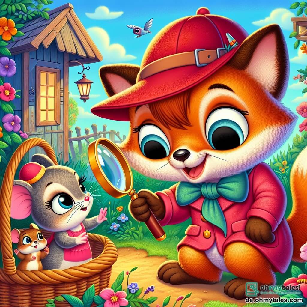 Ein kleiner Fuchs namens Finn, der eine süße rote Mütze trägt und eine Lupe hält, schaut neugierig auf ein kleines Kätzchen, das in einem Korb versteckt ist. Finn hat große, glänzende Augen und ein schelmisches Lächeln, das seine Aufregung über die Untersuchung zeigt. Neben ihm steht eine kleine Maus namens Lilli, die ein rosa Kleid trägt und funkelnde Augen hat, und die das Kätzchen bewundernd beobachtet, während sie auf den Zehenspitzen steht. Im Hintergrund ist ein bunter Garten mit strahlenden Blumen und einem alten Holzpavillon zu sehen, in dem eine angelehnte Tür ein Rätsel andeutet. Die Szene zeigt Finn und Lilli, die das Kätzchen entdecken, und symbolisiert den Abenteuergeist und die Freundschaft in ihrer Suche nach der Lösung des geheimnisvollen Schattens.