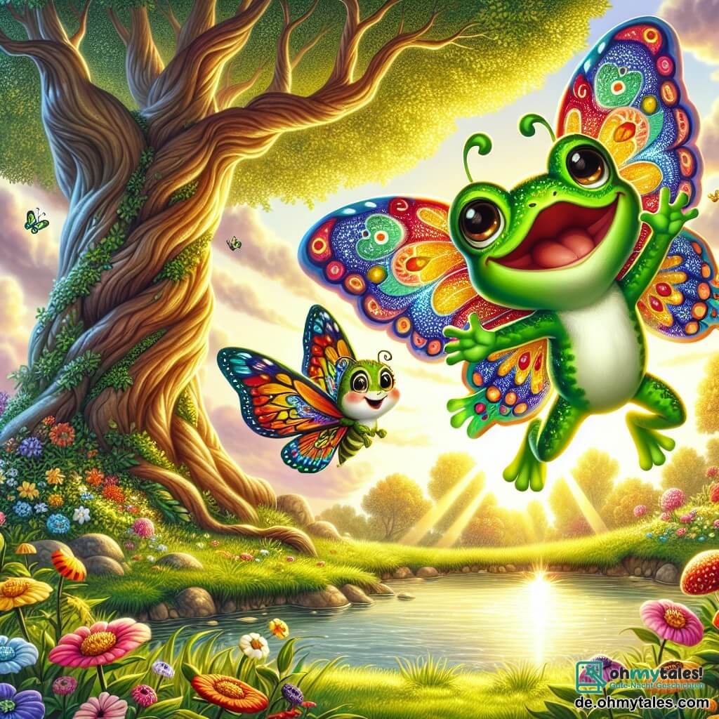 Eine kleine Frosch namens Felix, mit leuchtend grüner Haut und großen, runden, neugierigen Augen, springt fröhlich in die Luft, während seine neuen bunten Flügel hinter ihm ausgebreitet sind und er immense Freude und Staunen ausdrückt. Neben ihm fliegt ein wunderschöner Schmetterling mit bunten Flügeln in Blau, Gelb und Rot, der elegant schwebt, lächelt und Felix ermutigt, ihm zu folgen. Die Szene spielt sich in der Nähe eines großen, majestätischen Baumes ab, dessen breiter, knorriger Stamm von leuchtenden Blumen und einem glitzernden Teich im Sonnenuntergang umgeben ist, was eine magische und bezaubernde Atmosphäre schafft. Felix entdeckt zum ersten Mal seine Fähigkeit zu fliegen, schwebt mit einer Mischung aus Aufregung und Glück in der Luft, während der Schmetterling ihn auf diesem luftigen Abenteuer begleitet.