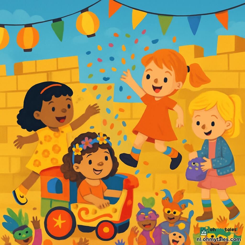 Er zijn 4 kinderen: - Lina: een 5-jarig meisje met bruin, krullend haar, zittend in een mooie, kleurrijke caravan, glimlachend met een papieren bloemenkrans op haar hoofd. - Noor: een 5-jarig meisje in een felgele jurk met bloemenmotieven, staand naast Lina met open armen, klaar om confetti te gooien. - Sara: een 5-jarig meisje met blond haar in een glinsterende jas, iets op de achtergrond, bezig met het vullen van een klein zakje met kleurrijke confetti. - Fien: een 5-jarig meisje met rood haar in multicolore sokken, vrolijk dansend met een stralende glimlach in het midden van de afbeelding. De locatie is een grote stenen muur versierd met kleurrijke vlaggen die in de wind wapperen. Onderaan de muur danst en zingt een blije menigte in carnavalskostuums met maskers en extravagante hoeden. Lantaarns verlichten de scène en creëren een feestelijke, warme sfeer. De hoofdactie toont de kinderen die kleurrijke confetti de lucht in gooien, wat een regen van kleuren creëert die onder de zon schittert. Het gelach en de glimlachen van kinderen en volwassenen vermengen zich met de opzwepende muziek, wat de blije geest van het carnaval vastlegt.