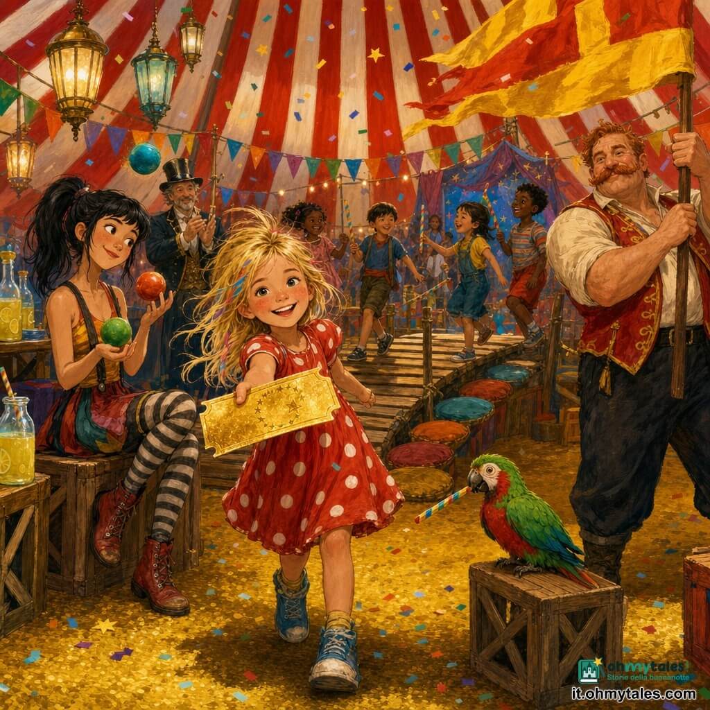 Lella, bambina di 8 anni, gioiosa e bionda con ciocche scompigliate e guance rosate, porge sorridendo una grande banconota dorata scintillante; Pino, portabandiera di circa 40 anni, alto e robusto con baffi rossicci, saluta sventolando una grande bandiera gialla e una rossa dietro di lei; Matilde, giocoliera di 25–30 anni, snella con coda di cavallo nera, siede su una cassa a sinistra mentre fa rimbalzare tre palline colorate e guarda complice Lella; il direttore, uomo di circa 55 anni in abito scuro e cilindro lucido, applaude vicino al banco degli artisti; Pinuccio, piccolo pappagallino verde e rosso, è posato su una cassa tenendo nel becco una cannuccia arcobaleno; ambientazione sotto un grande tendone rosso e bianco con pavimento di polvere dorata, lanterne e festoni, tavoli di legno con bottiglie di limonata colorate e una passerella di assi al centro decorata con cuscini; situazione: pausa limonata festosa con bambini che attraversano il ponticello tenendo cannucce arcobaleno, risate, coriandoli e stelline di carta che cadono, atmosfera calda e colori saturi.