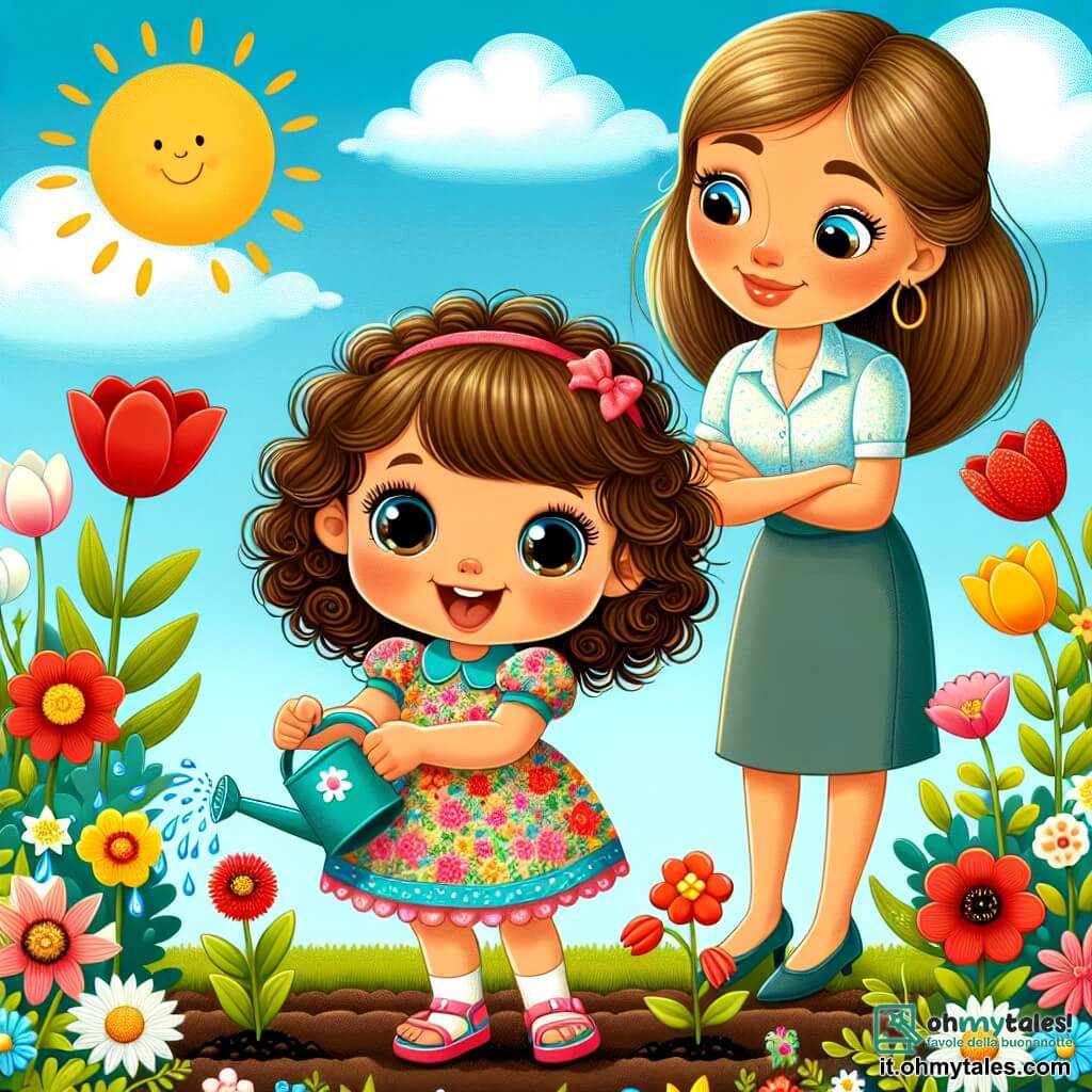 Una bambina di 2 anni, con grandi occhi brillanti e capelli ricci castani, sorride gioiosamente mentre pianta un piccolo seme nel giardino. Indossa un vestito colorato a fiori e sandali. Accanto a lei, un'insegnante di circa 30 anni, con capelli lunghi e lisci raccolti in uno chignon, osserva con benevolenza. Indossa una blusa leggera e pantaloni, e tiene un piccolo annaffiatoio. Il giardino è pieno di fiori dai colori vivaci, con tulipani rossi, narcisi gialli e margherite bianche. Il cielo è di un blu intenso, punteggiato da alcune nuvole morbide, e il sole brilla calorosamente. La bambina, piena di entusiasmo, annaffia il seme che ha appena piantato, sognando già di vedere fiorire il suo bel giardino.