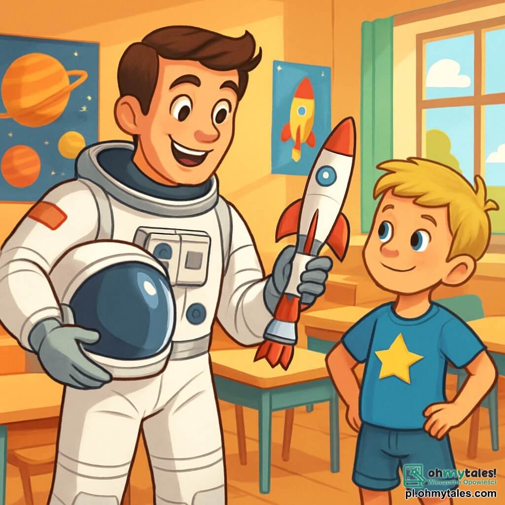 Uśmiechnięty mężczyzna, Michał, w białym i srebrnym skafandrze astronauty, stoi z entuzjazmem, z błyszczącymi oczami pełnymi pasji. Ma brązowe włosy i trzyma przezroczysty hełm pod pachą, pokazując dzieciom model rakiety. Obok niego dziesięcioletni chłopiec, Kuba, z blond włosami i błyszczącymi oczami, patrzy na Michała z podziwem, z rękami na biodrach, gotowy do zadawania pytań. Ma na sobie niebieską koszulkę z gwiazdą i dżinsowe szorty. W tle kolorowa klasa z plakatami planet i rakiet na ścianach, drewniane biurka i wielokolorowe krzesła. Okna wpuszczają światło słoneczne, oświetlając pomieszczenie. Główna sytuacja pokazuje Michała dzielącego się swoją pasją do kosmosu z dziećmi, wyjaśniając cuda wszechświata, podczas gdy Kuba, zafascynowany, marzy o zostaniu astronautą.