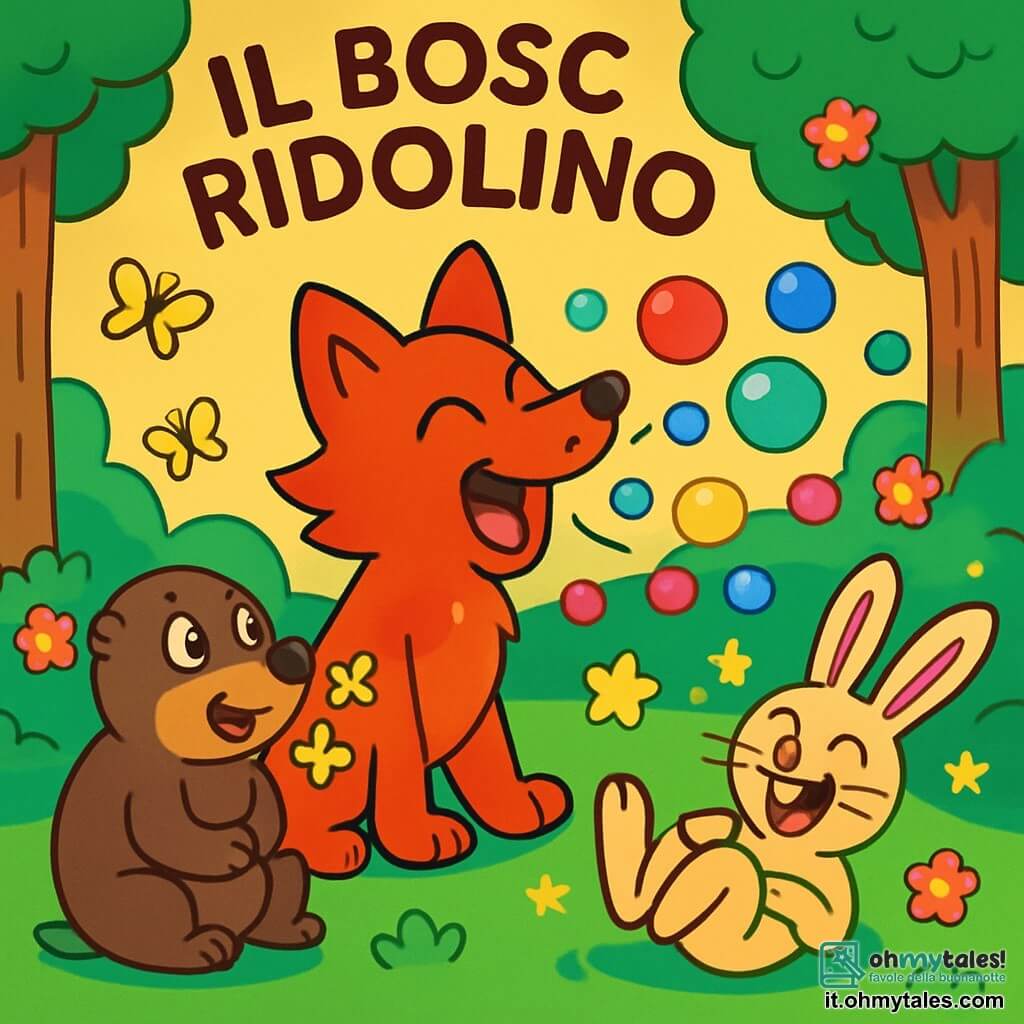 Pimpa, una volpe dal manto rosso vivo e dalla coda soffice, ride di gusto con gli occhi scintillanti di gioia, mentre starnutisce e fa scoppiare bolle colorate intorno a lei. Berto, un tasso dal pelo marrone e dagli occhi rotondi, è seduto accanto a lei, ridendo con un'espressione sorpresa, mentre farfalle dorate escono dalla sua bocca. Gina, una lepre con il pelo beige e grandi orecchie, rotola per terra, il ventre pieno di risate, circondata da piccole stelle scintillanti che danzano attorno a lei. La scena si svolge nel magnifico Bosco Ridolino, dove gli alberi sono alti e folti, adornati di fiori brillanti e di una luce dolce, creando un'atmosfera magica e gioiosa. Al centro dell'illustrazione, Pimpa starnutisce, liberando bolle colorate e stelle ridenti, mentre tutti gli animali si divertono insieme in un'atmosfera di festa incantata.
