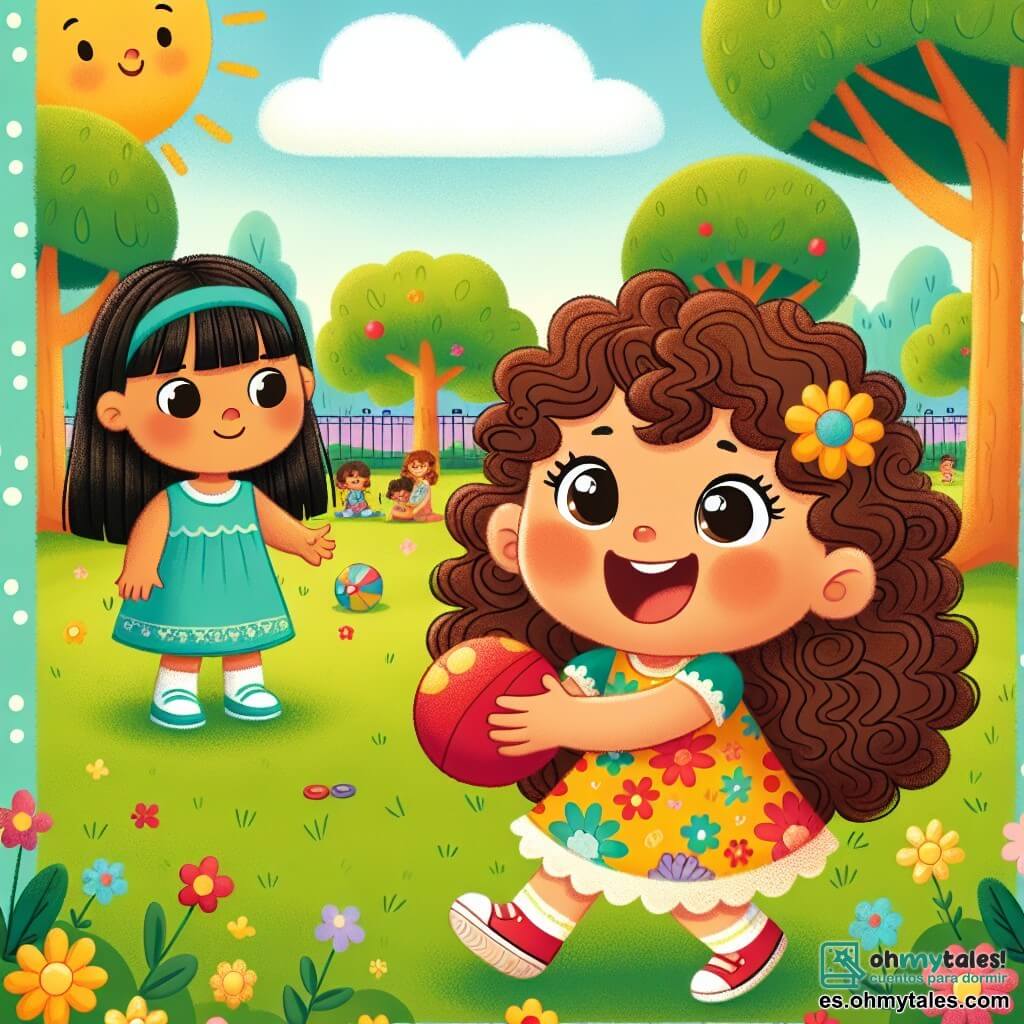 Una niña de 4 años, Clara, con cabello castaño rizado y ojos brillantes, sonríe alegremente mientras lanza una pelota roja en un parque soleado. Lleva un vestido colorido con estampados de flores y parece llena de energía y felicidad. Junto a ella, Ana, otra niña de 4 años, tiene el cabello largo y liso de color negro y lleva un vestido azul. Mira a Clara con una sonrisa tímida, sosteniendo un pequeño juguete en sus manos, lista para jugar. El parque está lleno de vegetación, con árboles majestuosos, flores coloridas y un cielo azul claro. Se pueden ver niños jugando a lo lejos, y risas flotan en el aire. La escena muestra a Clara y Ana jugando juntas, compartiendo risas y juegos, ilustrando la importancia de la amistad y la tolerancia, a pesar de sus diferencias.