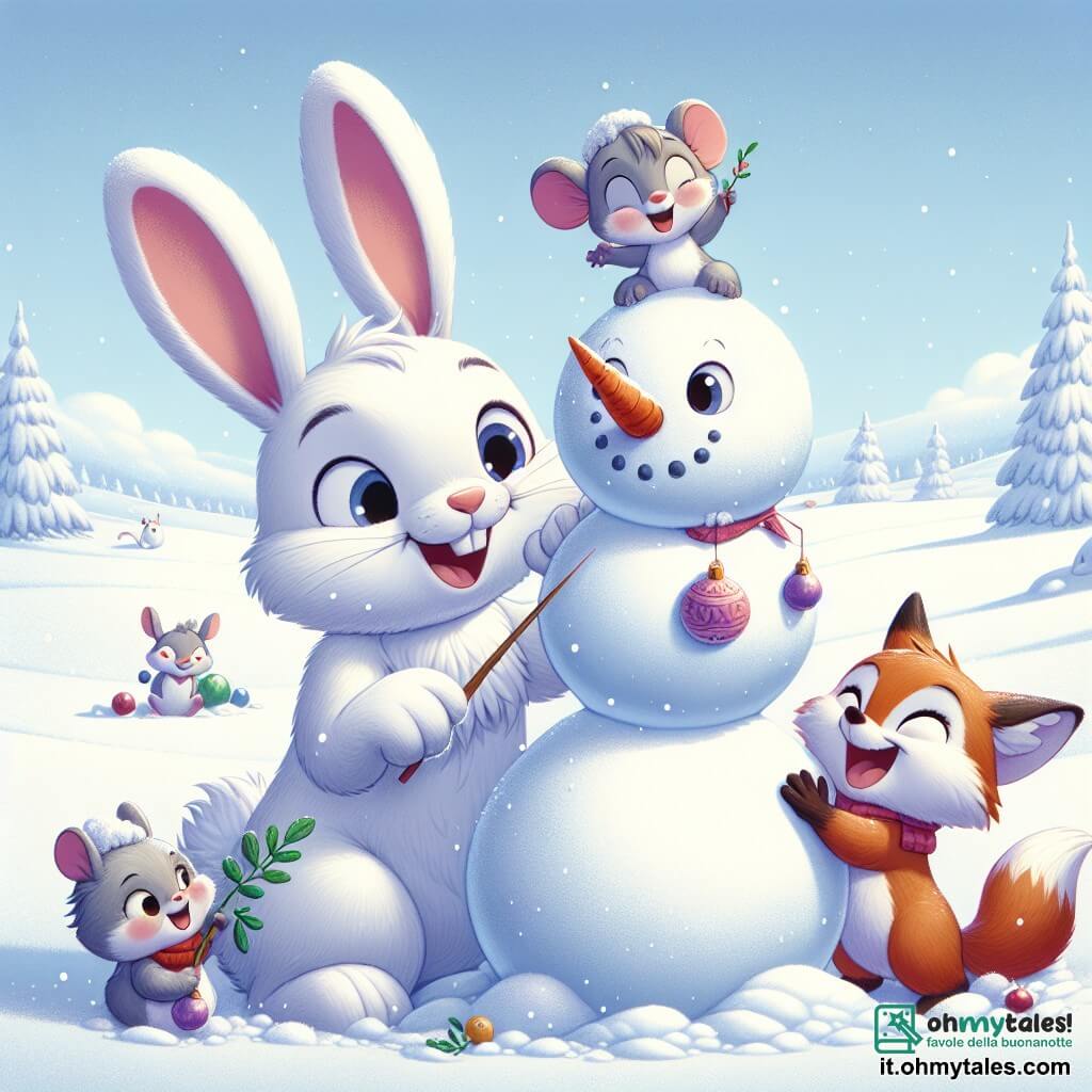 Un coniglio di nome Bobo, con il pelo bianco e grandi orecchie, sta costruendo un allegro pupazzo di neve in un campo innevato. Ha un grande sorriso sul viso, gli occhi brillano di eccitazione e le sue piccole zampe sono coperte di neve. Accanto a lui, Checco, un topo con il pelo grigio e occhi luminosi, tiene una carota per il naso del pupazzo di neve, mostrando un'espressione di gioia. Lilli, una volpe dai peli rossi e occhi maliziosi, appende palle colorate sul pupazzo di neve, ridendo felice. Il luogo è un vasto campo coperto da uno spesso strato di neve scintillante, con alberi innevati sullo sfondo e un cielo azzurro chiaro punteggiato di nuvole bianche. I tre amici decorano il loro pupazzo di neve, creando un momento magico e festoso, pieno di risate e amicizia.