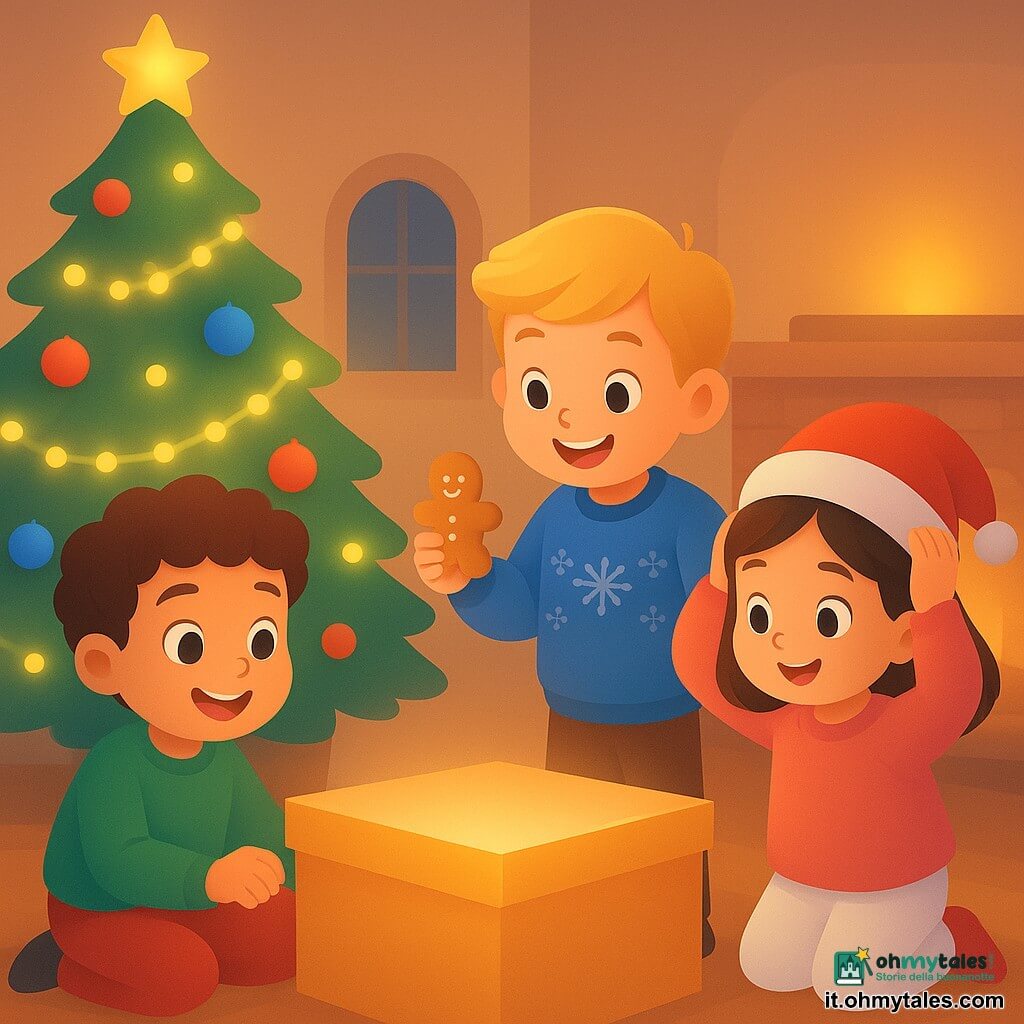 Ci sono 4 bambini: Luca, un ragazzo di 6 anni con capelli castani ricci e occhi marroni brillanti, indossa un maglione verde e pantaloni rossi, è seduto vicino all'albero di Natale. Marco, un ragazzo di 7 anni con capelli biondi e un sorriso birichino, indossa un maglione blu con motivi di fiocchi di neve, tiene un biscotto nella mano destra. Giulia, una ragazza di 6 anni con capelli neri lisci e occhi curiosi, indossa un vestito rosso a pois bianchi, è in piedi accanto a Luca, indicando la scatola misteriosa. Sara, una ragazza di 5 anni con capelli castani e guance rosa, indossa un maglione rosa e pantaloni bianchi, sta mettendo un piccolo cappello rosso sulla testa. Il luogo è un salotto caldo e accogliente, decorato per Natale. Un grande albero di Natale illuminato troneggia in un angolo, coperto di ghirlande scintillanti e palline colorate. Luci soffuse illuminano la stanza e un camino scoppietta dolcemente sullo sfondo, aggiungendo un bagliore dorato all'atmosfera. La situazione principale mostra i bambini che scoprono una scatola misteriosa sotto l'albero di Natale. Sono eccitati e meravigliati, i loro volti illuminati dalle luci dell'albero. L'atmosfera è gioiosa e festosa, piena di risate e magia natalizia.