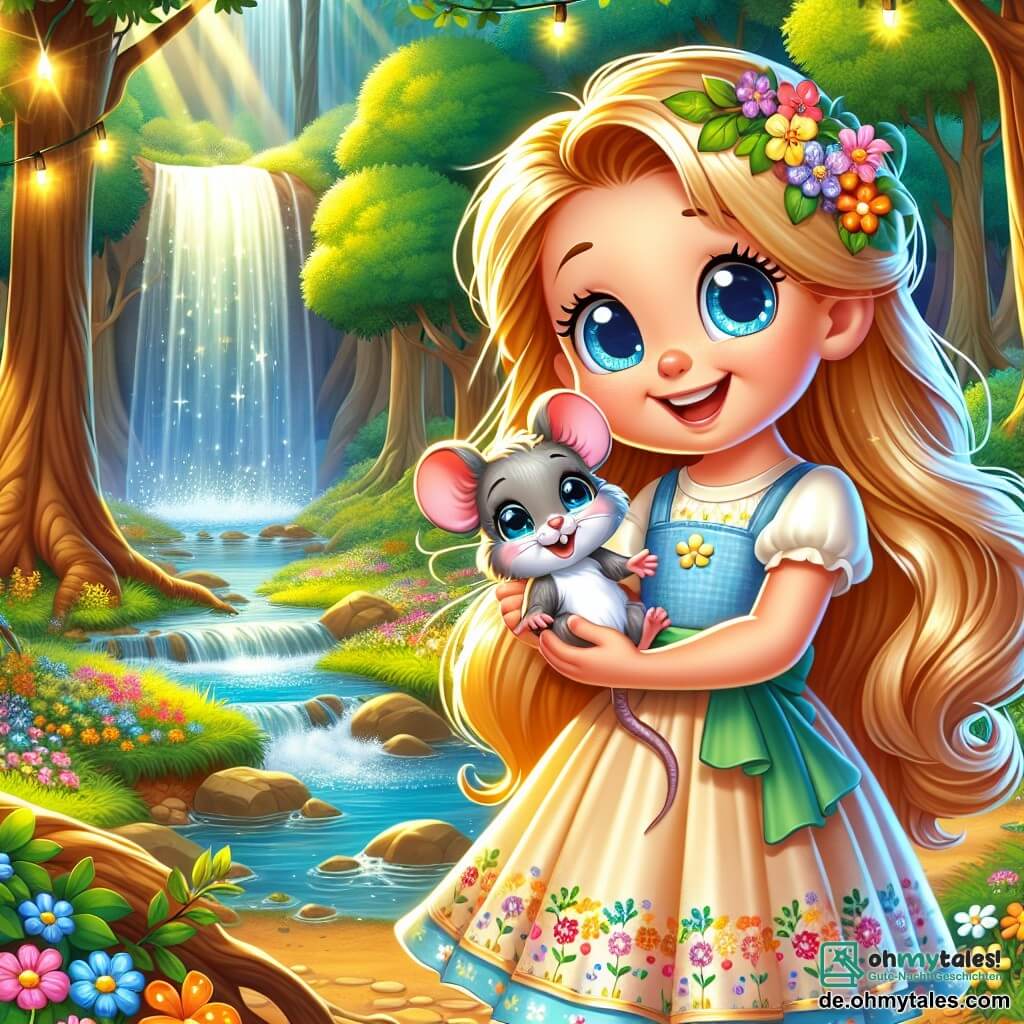 Ein junges Mädchen namens Lilia mit langen goldenen Haaren und strahlend blauen Augen lächelt fröhlich, während sie eine kleine graue Maus in ihren Händen hält. Sie trägt ein leichtes Kleid, das mit bunten Blumen verziert ist, und ihr Gesicht strahlt Wärme und Freundlichkeit aus. Neben ihr schaut die kleine Maus mit funkelnden Augen und weichem Fell Lilia dankbar an und fühlt sich sicher. Der Hintergrund ist ein wunderschöner verzauberter Wald mit majestätischen Bäumen und lebhaften grünen Blättern, während bunte Blumen den Boden bedecken. Ein glitzernder Bach fließt in der Nähe und reflektiert die Sonnenstrahlen, die durch das Laub dringen. Die Szene zeigt Lilia, die die kleine Maus tröstet, während sie in der Nähe einer magischen Quelle stehen, die in sanftem, goldenem Licht leuchtet und Freundschaft und die Magie des Moments symbolisiert.
