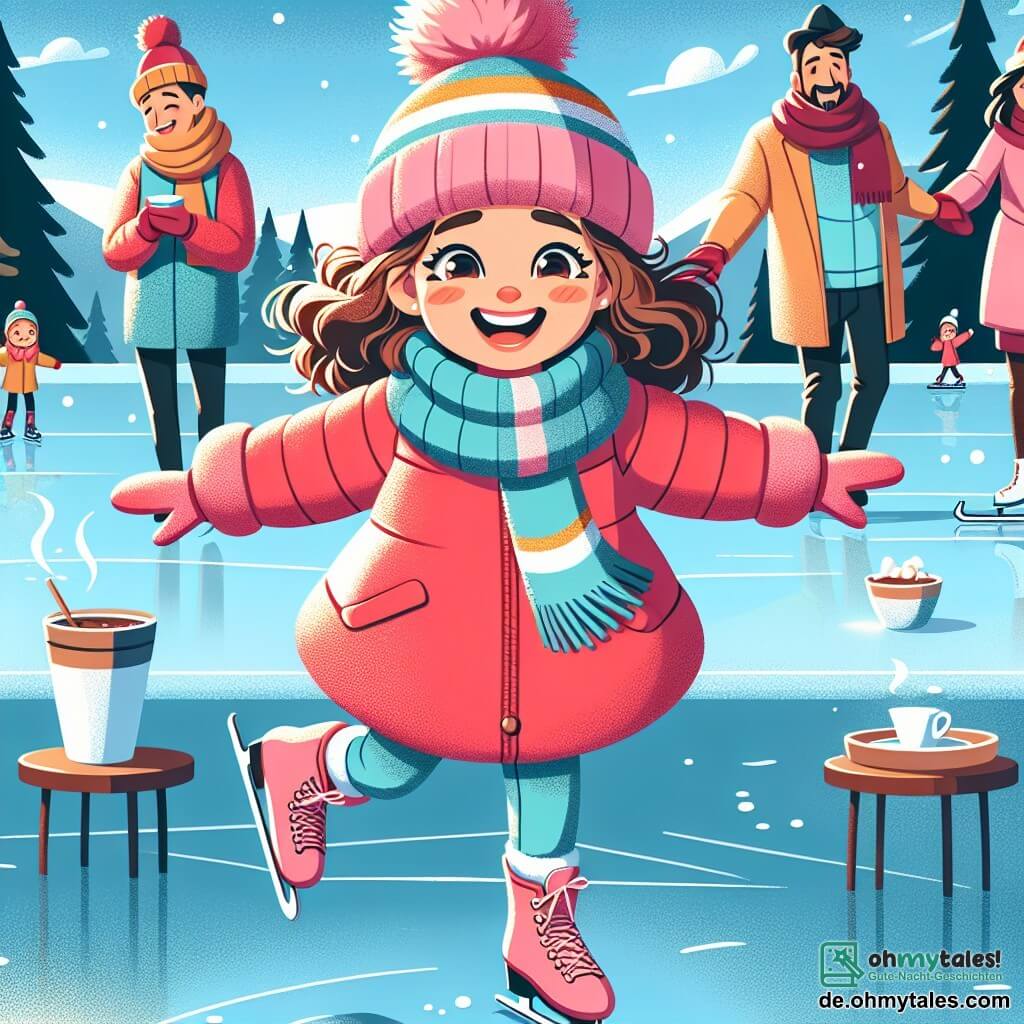Ein 9-jähriges Mädchen, Lina, mit braunen, lockigen Haaren, trägt eine leuchtend rote Jacke, eine rosa Wollmütze und passende Handschuhe. Sie hat ein großes Lächeln im Gesicht, ihre Augen funkeln vor Aufregung, während sie fröhlich über das Eis gleitet, die Arme zur Balance ausgestreckt. Neben ihr steht ihre Mutter, eine etwa 35-jährige Frau mit braunen, hochgesteckten Haaren, die eine blaue Daunenjacke und einen bunten Schal trägt. Sie lacht und ermutigt Lina, während sie eine Tasse heiße Schokolade in der Hand hält. Im Hintergrund beobachtet ihr Vater, ein etwa 40-jähriger Mann mit leichtem Bart und schwarzer Mütze, stolz mit verschränkten Armen, während er neben einem kleinen Holztisch steht, auf dem heiße Getränke stehen. Der Ort ist ein wunderschöner gefrorener See, umgeben von verschneiten Tannen, unter einem klaren blauen Himmel mit weißen Wolken. Kinder spielen und gleiten fröhlich über das Eis, was eine festliche, winterliche Atmosphäre schafft. Die Hauptsituation zeigt Lina, die mühelos über das Eis gleitet, umgeben von Lachen und Freude, während die leuchtenden Farben ihrer Kleidung mit dem strahlenden Weiß des Schnees und dem Blau des Himmels kontrastieren.