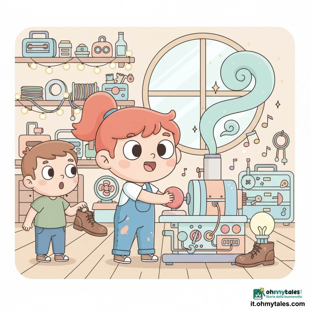 Martina, giovane inventrice gioiosa con occhi grandi, capelli rossi a codini e salopette blu macchiata, preme un grosso pulsante rosso della sua macchina; un vicino di circa 8 anni la osserva di lato con la bocca a "o" tenendo una vecchia scarpa, in piedi accanto al banco di lavoro a sinistra; nessun altro umano principale; laboratorio ingombrato e colorato con pavimento in legno, scaffali pieni di pezzi metallici, cavi multicolori, ghirlande di lampade, cassette degli attrezzi e una grande finestra rotonda che lascia entrare una luce soffusa; la macchina, un assemblaggio bizzarro di parti di tostapane, ventilatore senza pale, aste metalliche e tappi di bottiglia, emette dal tubo fumo azzurro a spirale e scintille dorate; la macchina espelle una lampada fatta da una suola di scarpa, note colorate e bolle brillanti fluttuano, Martina è sorpresa e gioiosa e il ragazzo appare meravigliato.