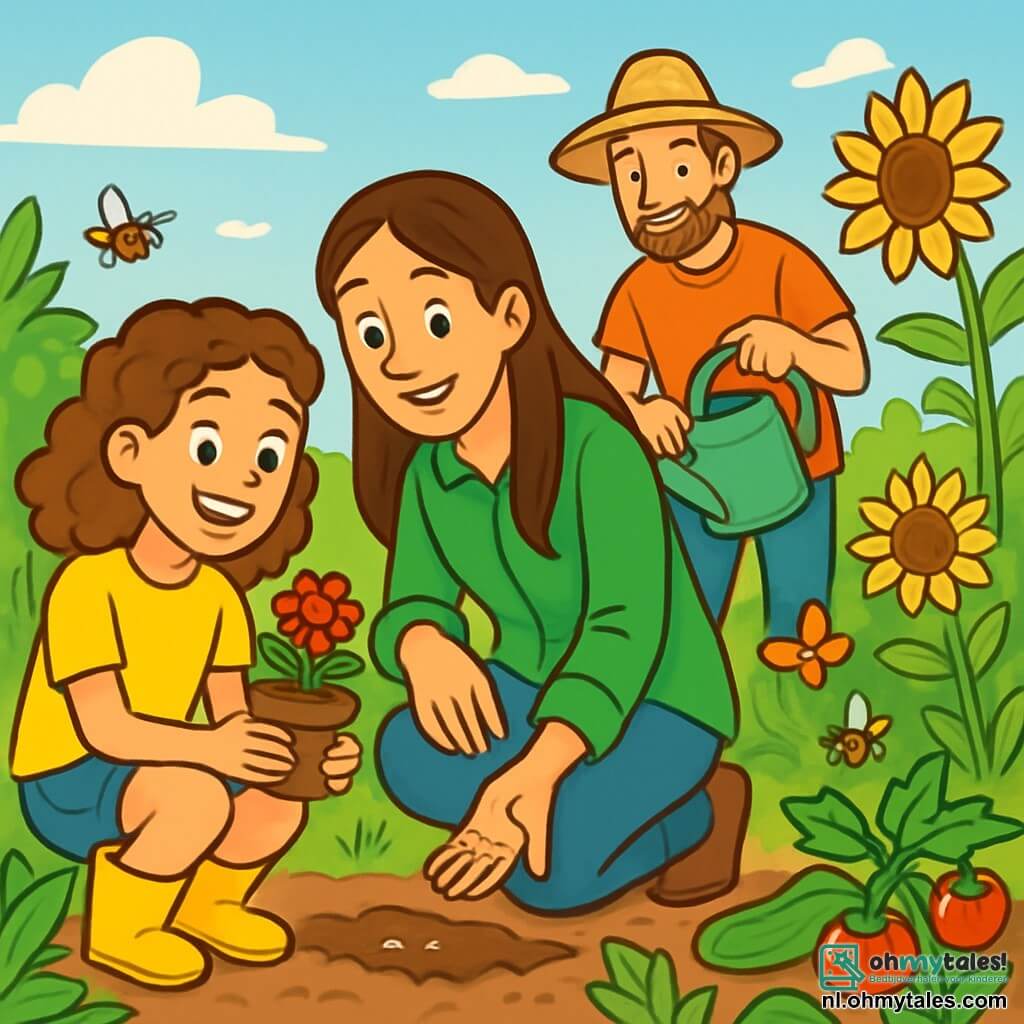 Een 12-jarig meisje, Lotte, met krullend kastanjebruin haar, glimlachend en vol enthousiasme, zit in een groene tuin met een klein bloempotje in haar handen. Ze draagt een felgele t-shirt en een spijkerbroekshort, met rubberen laarzen. Naast haar staat haar moeder, een vrouw van ongeveer 35 jaar met lang, steil haar, in een groene tuinierblouse, die haar laat zien hoe ze zaadjes moet planten, met een trotse glimlach op haar gezicht. Iets verderop is haar vader, een man van ongeveer 40 jaar met een lichte baard en een strohoed, die de planten water geeft met een gieter, terwijl hij zijn dochter vriendelijk gadeslaat. De tuin is gevuld met heldere kleuren: rode tomaten, groene courgettes en gele zonnebloemen die zachtjes in de wind wiegen. De lucht is blauw met enkele witte wolken, en er zoemen insecten rond de bloemen. De belangrijkste situatie toont Lotte en haar ouders die samen in hun tuin werken, leren hoe ze groenten moeten verbouwen en de betekenis van de natuur en ecologie ontdekken.