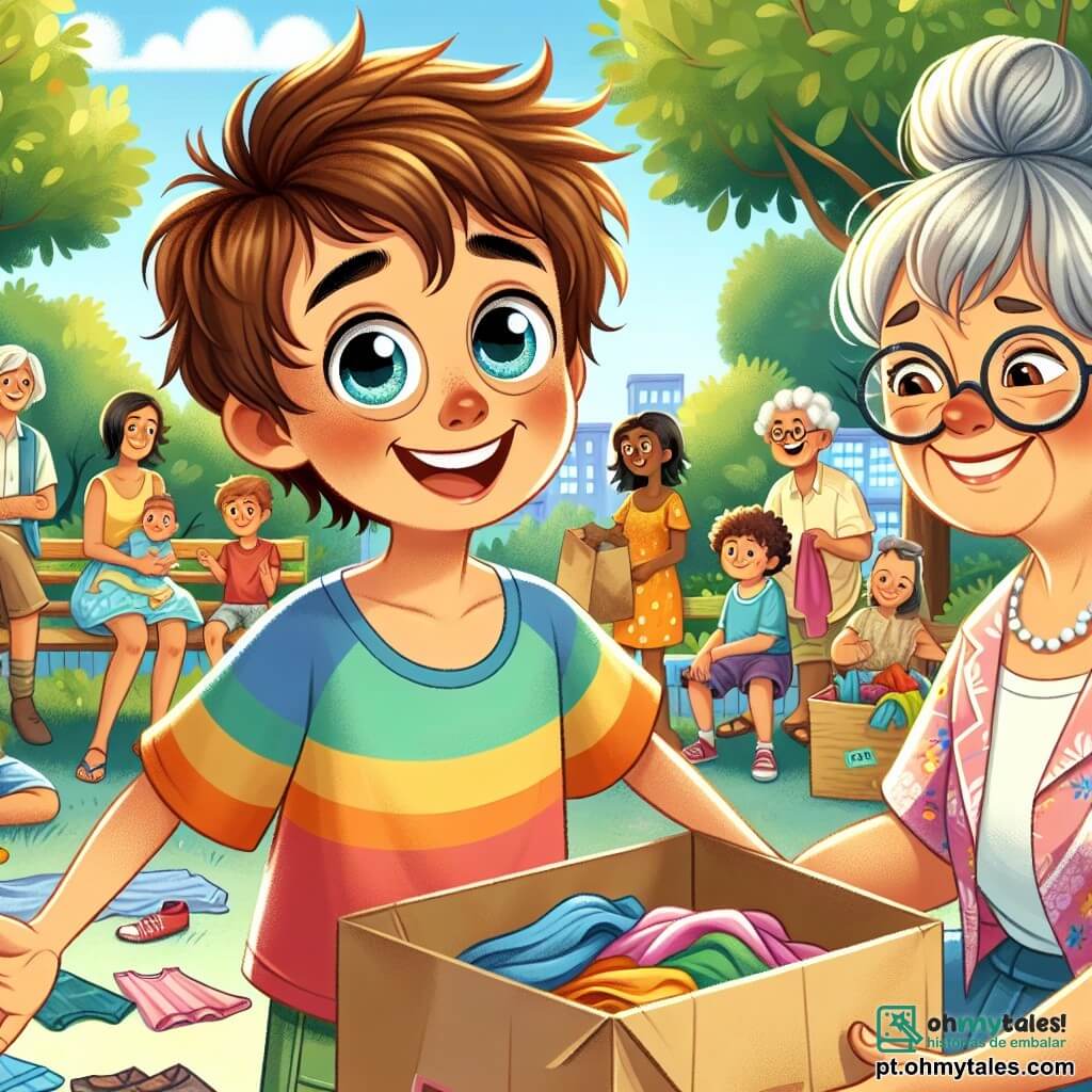 Um garoto de 10 anos, Lucas, com cabelos castanhos bagunçados e olhos brilhando de curiosidade, está no centro da imagem, sorrindo com entusiasmo. Ele usa uma camiseta colorida e um short, segurando uma caixa de papelão cheia de roupas e alimentos, pronto para entregá-la a quem precisa. Ao lado dele, a Sra. Clara, uma mulher de cerca de cinquenta anos, com cabelos grisalhos presos em um coque e óculos redondos, sorri calorosamente enquanto segura um cartaz que diz "Campanha de Solidariedade". Ela está ligeiramente inclinada para frente, incentivando Lucas com um olhar gentil. Ao fundo, vê-se um parque verdejante, com árvores frondosas e bancos, onde famílias se reúnem ao redor de Lucas, algumas segurando sacolas de doações. A atmosfera é alegre e solidária, cheia de cores vivas e sorrisos. A situação principal mostra Lucas e a Sra. Clara distribuindo caixas de doações a famílias necessitadas, ilustrando o espírito de compartilhamento e solidariedade que une a comunidade.
