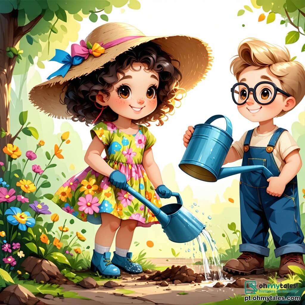 Uma menina de 2 anos, Luzia, com grandes olhos brilhantes e cabelos cacheados, está cavando em um jardim ensolarado. Ela usa um vestido colorido com flores e um chapéu de palha, exibindo um grande sorriso de alegria e excitação. Ao lado dela, um menino de 3 anos chamado Tomás, com cabelos loiros e óculos redondos, segura um regador e olha para Luzia com um sorriso cúmplice. Ele está vestido com uma camiseta azul e shorts. O jardim está cheio de flores vibrantes, como rosas vermelhas, girassóis amarelos e violetas, cercado por uma vegetação luxuriante. O sol brilha em um céu azul claro, e borboletas voam ao redor das flores. Nesta cena, Luzia descobre uma pequena minhoca na terra que acabou de cavar, maravilhada com sua descoberta, enquanto Tomás se prepara para regar as plantas com entusiasmo.