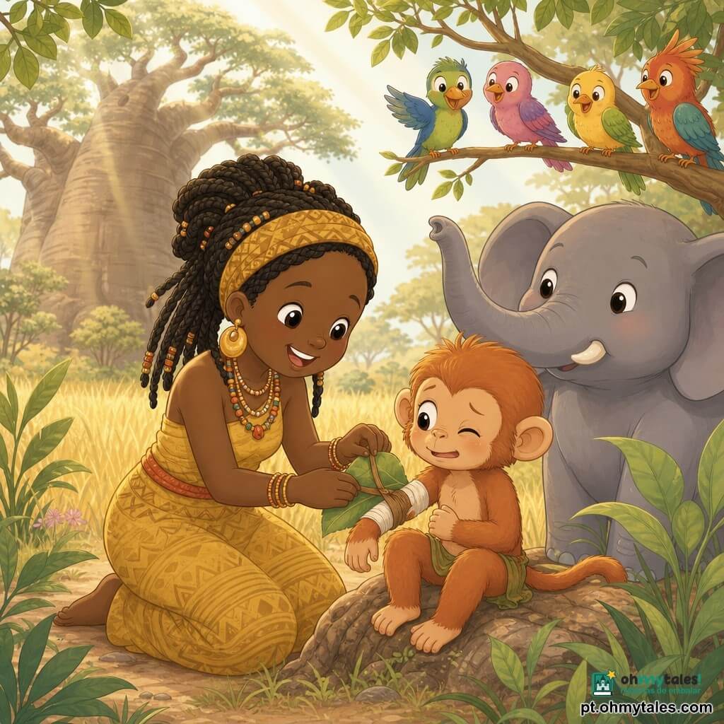 Uma mulher adulta chamada Mamãe Saba, rosto arredondado e sorriso largo, pele morena, cabelos trançados com miçangas, expressão doce; ajoelhada aplica uma grande folha verde num braço ferido. Um pequeno macaco Kito, jovem, olhos redondos e pelo ruivo, sentado numa raiz perto dela, segurando o braço enfaixado e aliviado. Um elefante Bongo, corpo arredondado e orelhas largas, tromba levantada, atrás de Kito à direita, com olhar protetor. Pássaros coloridos pousados num galho acima, curiosos. Grande floresta africana com um baobá, erva alta dourada, folhas largas e raios de sol atravessando a copa. Cena de cuidado terno: Mamãe Saba coloca a folha e amarra uma tira de casca; os animais aplaudem em silêncio. Cores suaves, contornos arredondados, composição simples e legível para crianças.