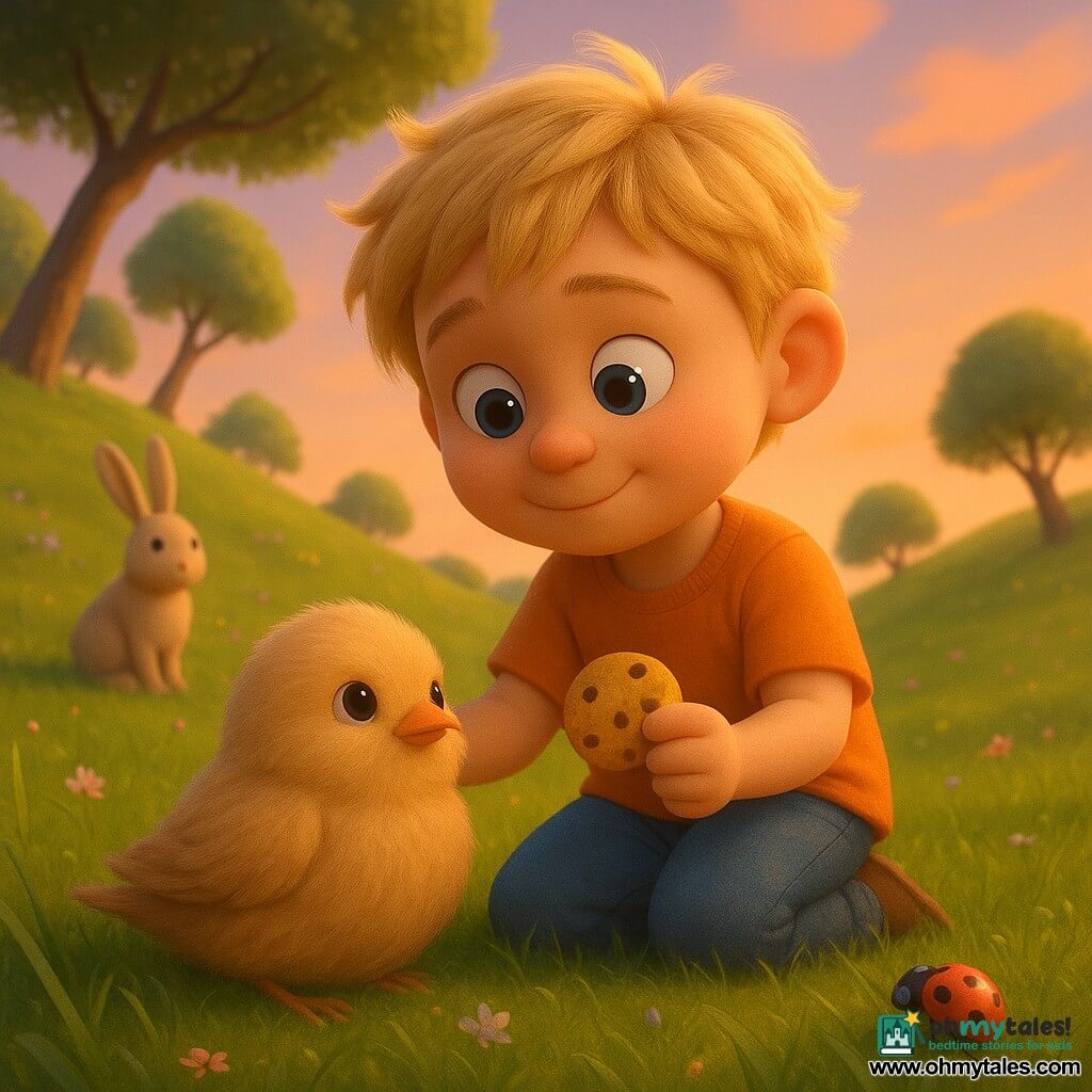 Milo, a 6-year-old boy with a round face and tousled blond hair, timidly smiles and offers half a cookie; a small fluffy bird with a slightly folded right wing nestles at his feet; a bright red six‑spotted ladybug walks on a bent blade of grass in the foreground and a light‑beige long‑eared rabbit sits a few meters away watching; the scene is on a rolling hill with leaning trees, tender green grass, pastel flowers and a peach‑lavender late‑afternoon sky — a tender sunset moment of the boy sharing a cookie with an injured bird beneath a leaning tree, warm golden light on their faces, calm and comforting atmosphere.