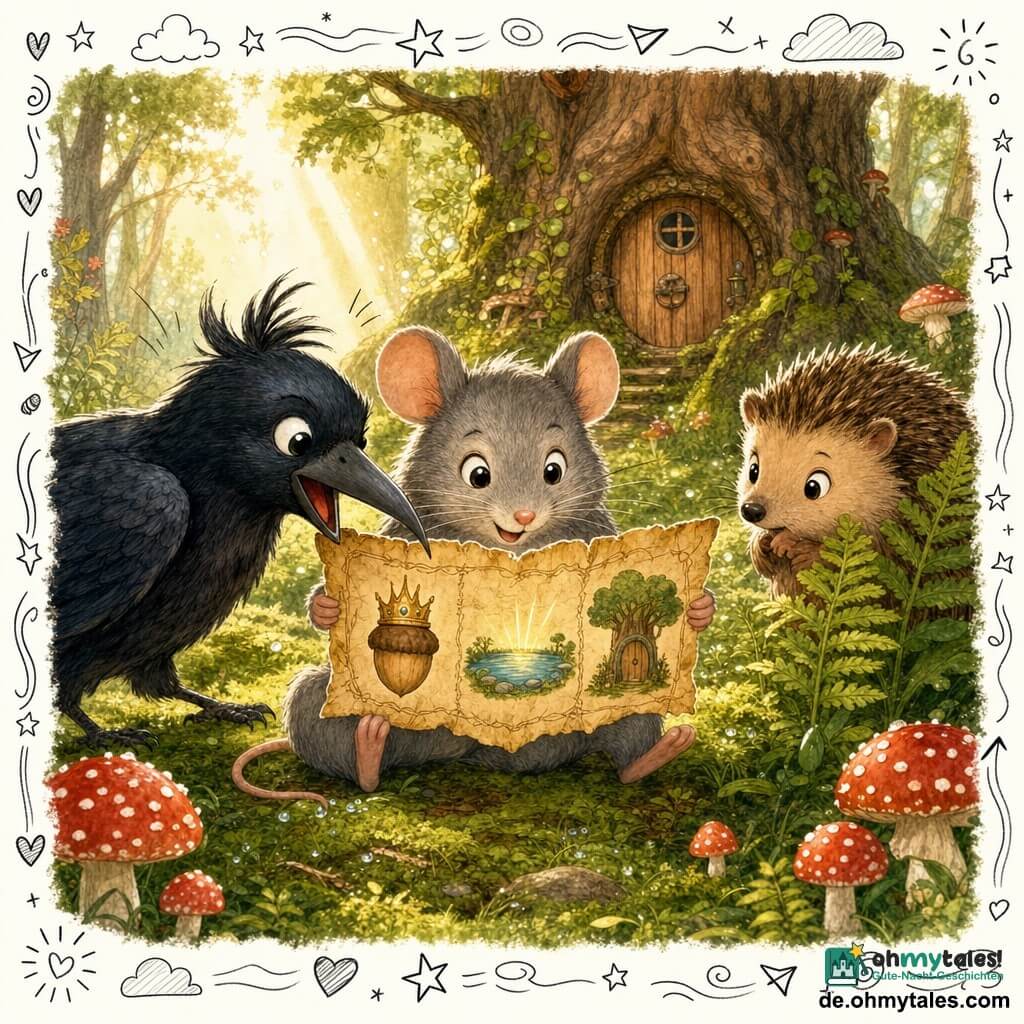 Mira, die kleine graue Maus mit runden neugierigen Augen und glänzenden Schnurrhaaren, lächelt mutig und hält eine zerknitterte Pergamentkarte mit goldenen Linien, links neben ihr Kuno die schwarze Krähe mit glänzendem Gefieder und verschmitztem Blick, rechts ein schüchterner gesprenkelter Igel hinter Farnen; eine moosbedeckte Waldlichtung mit roten Pilzen, knorrigen Baumstämmen und einer Eichenstammtür, Morgenlicht in goldenen Strahlen und funkelnde Tautropfen; die Freunde entdecken die Karte mit drei Symbolen (gekrönte Eichel, kleiner Teich mit Lichtpunkt, Baum-Tür), sanftes Abenteuer, warme Farben, klare kinderfreundliche Komposition, Buntstift- und Aquarelltexturen.
