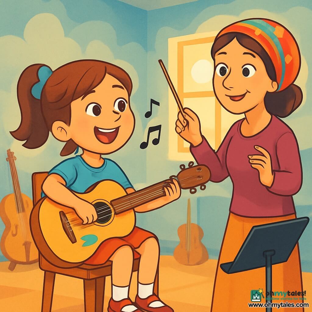 A young girl, Nora, about 10 years old, is sitting on a wooden chair in a rehearsal room with soft, cloud-like walls. She has chestnut hair tied with a sky blue ribbon and a big smile radiating excitement. She holds a honey-colored guitar with a small bird painted near the sound hole and sings passionately, her eyes shining with joy. Next to her, Maestra Lila, a woman in her forties, wears a colorful scarf and a warm smile. She stands with a small baton raised, ready to conduct the orchestra. Her gaze is focused and encouraging, and she seems full of energy. The room is bright, with sound-absorbing felt walls, neatly arranged musical instruments, and a large window letting in the golden light of the setting sun. The main scene shows Nora practicing her song, surrounded by the soft and warm atmosphere of the room, while Maestra Lila encourages her with graceful gestures. The notes of music seem to float in the air, creating a magical and joyful ambiance.