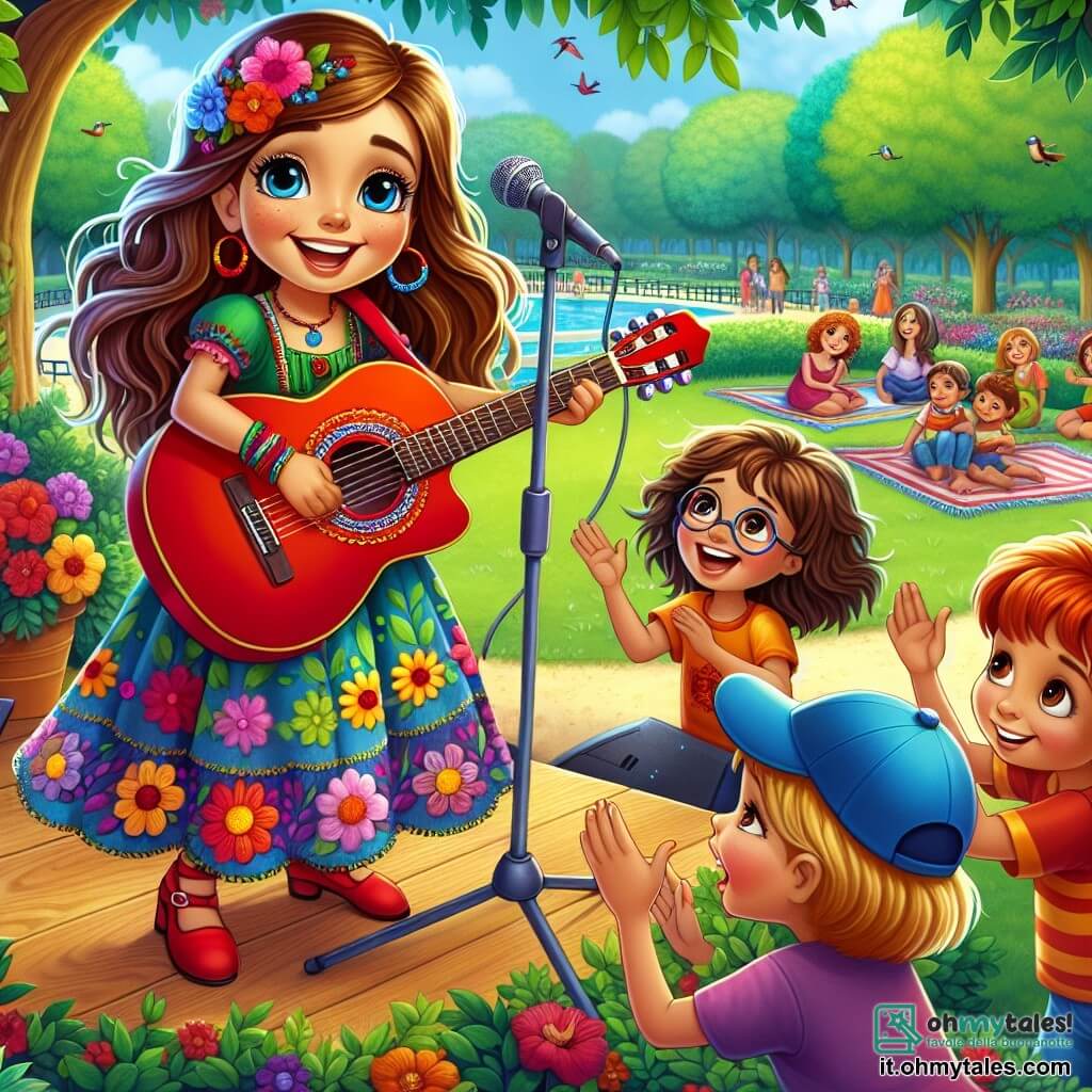 Una giovane donna di nome Sofia, con lunghi capelli castani ondulati e un sorriso splendente, suona la sua chitarra rossa su un piccolo palco improvvisato in un parco. Indossa un vestito colorato a fiori che danza con il vento, e i suoi occhi brillano di gioia ed eccitazione mentre canta con passione. Intorno a lei, un gruppo di cinque bambini, di età compresa tra 6 e 10 anni, la circonda. Un ragazzo con un cappello blu e capelli biondi batte le mani a ritmo, mentre una ragazza con occhiali rotondi e trecce castane canta a squarciagola, gli occhi scintillanti di felicità. Un altro ragazzo, con una maglietta verde, fa gesti divertenti per incoraggiare il pubblico. Il parco è pieno di verde lussureggiante, con alberi dalle foglie brillanti e fiori colorati che danzano nella brezza. Sullo sfondo, famiglie si sistemano su coperte, ascoltando la musica, mentre uccelli volano gioiosamente nel cielo blu. La scena principale mostra Sofia e i bambini mentre danno un concerto gioioso, creando un'atmosfera di felicità e amicizia, dove la musica unisce tutti in una celebrazione colorata e vibrante.