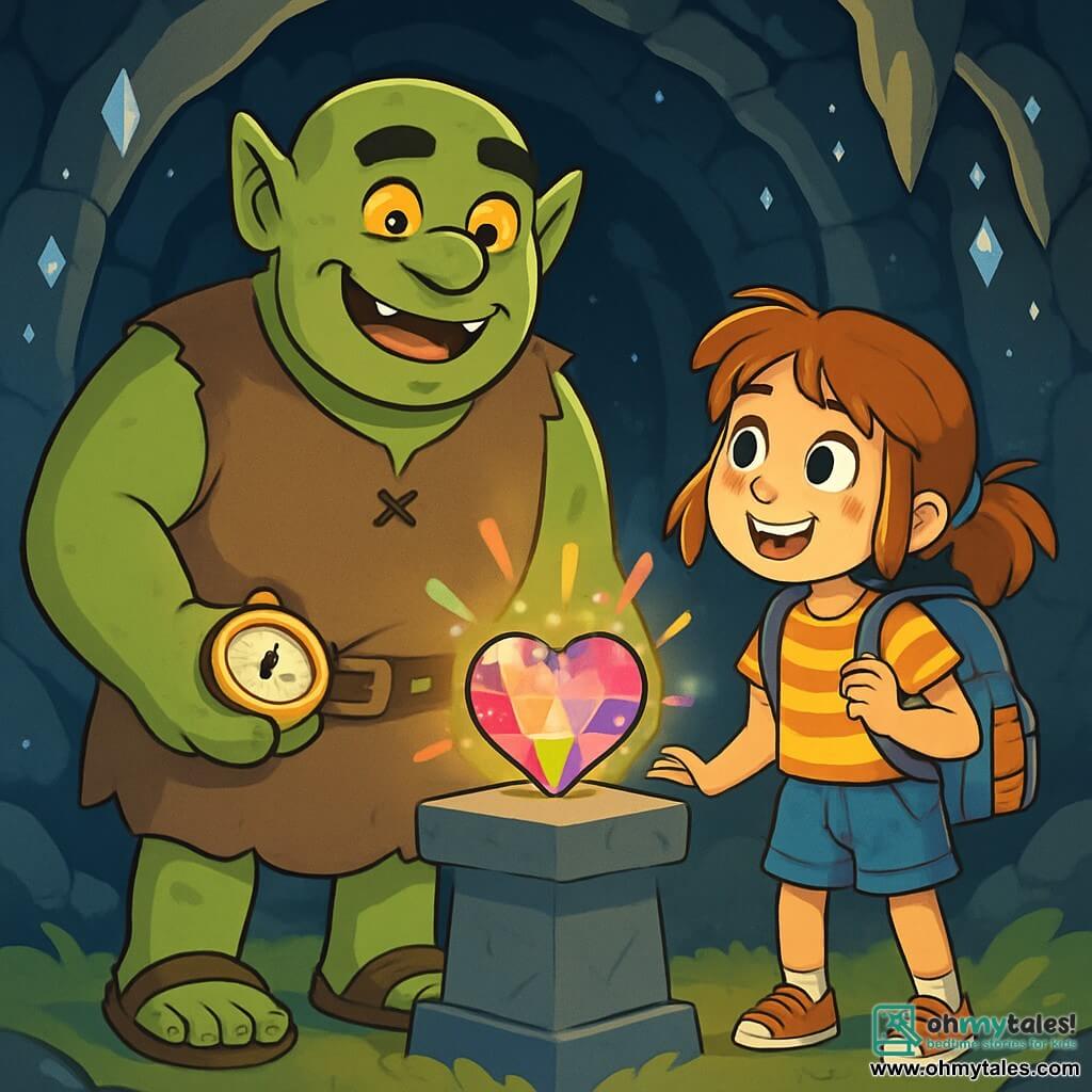 A kind ogre, tall and muscular, with moss-green skin and sparkling orange eyes, stands at the center of the scene, a warm smile lighting up his face. He wears a brown canvas tunic and leather sandals, holding a small shining compass in his massive hand. Beside him, an eleven-year-old girl with messy auburn hair and a colorful backpack looks at the ogre with admiration, her eyes sparkling with excitement. She wears a striped t-shirt and denim shorts, ready for adventure. The setting is a mysterious underground tunnel with black stone walls sparkling with silver crystals, and dancing light reflections creating a magical atmosphere. Stalactites hang from the ceiling, and the ground is covered with soft, green moss. The main situation shows the ogre and the girl standing before a stone pedestal, on which rests a magnificent glowing gemstone, the Heartstone, emitting colorful light flashes. They are about to retrieve the stone to save a magical sanctuary, their faces illuminated by hope and adventure.