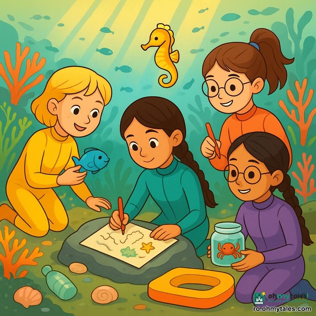 Patru fete explorează un recif de corali puțin adânc și îl cartografiază: Mara (~10 ani) cu părul brun împletit, ochi vioi și costum de scafandru turcoaz este în stânga-centru, îngenuncheată pe o piatră și desenează o hartă pe un caiet etanș; Ilinca (~9 ani) cu păr blond scurt și pistrui, în costum galben, e în stânga și arată un pește albastru prietenelor; Ana (~10 ani) cu păr șaten prins în coadă, ochelari rotunzi și costum corai, e în dreapta, zâmbitoare, notând simboluri pe hartă; Sofia (~11 ani) cu păr negru împletit, în costum violet, stă jos în centru lângă un fotoliu de plajă plutitor adaptat, ținând un crab mic într-un borcan transparent. Scena: recif cu corali portocalii și roz, alge verzi, bancuri de pești colorați, scoici strălucitoare pe nisip, raze de soare aurii filtrate, câteva resturi de plastic neutralizate pe o rocă; un arici de mare galben curios înoată aproape, atmosfera e veselă și colaborativă, culori saturate și compoziție clară centrată pe hartă și creaturi marine.