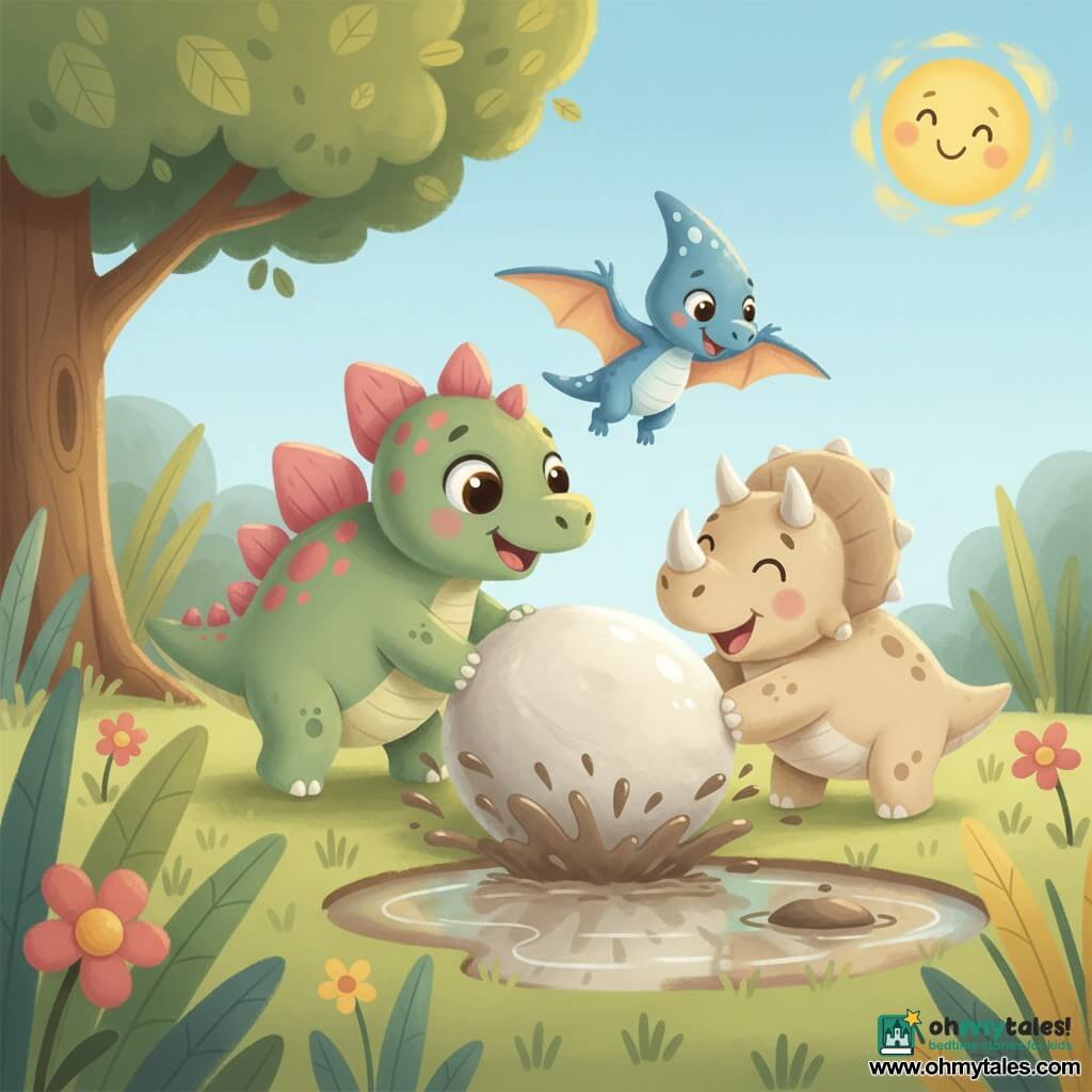 A smiling, cheerful small stegosaurus in soft green with pink and yellow plates and shiny round eyes pushes a glossy round rock with its short legs, a tiny pterodactyl named Tiny with pale blue feathers and white spots flies nearby with wings spread and a playful gaze toward the rock, and a sweet, round beige triceratops with short horns stands behind the rock laughing and nudging it with her snout to help, all in a grassy clearing with thick colorful blades, a large broad-leaved tree on the left, a shiny muddy puddle splashing as the rock rolls into it, a few simple flowers and a pale blue sky with a smiling yellow sun, playful atmosphere, soft colors, rounded shapes, child-friendly gouache style.