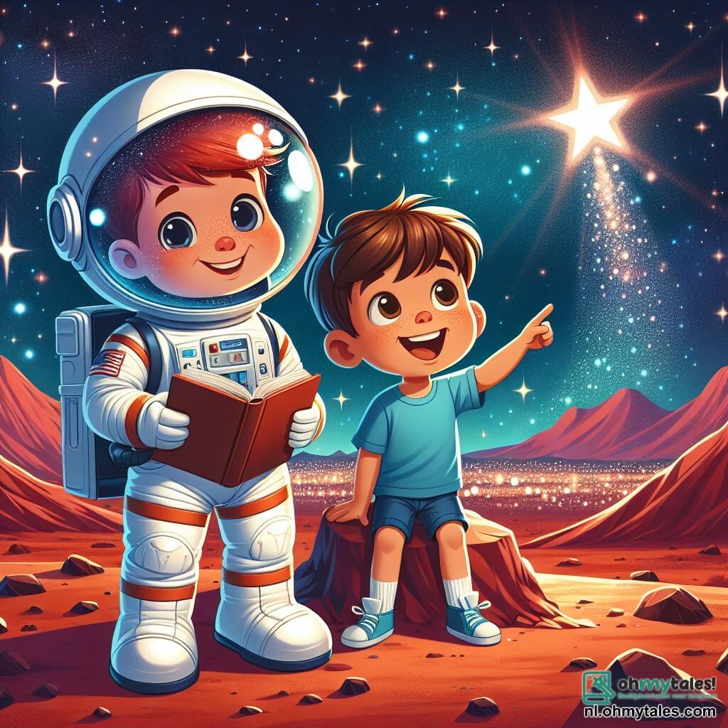 Een mannelijke astronaut, genaamd Sam, staat op een roodachtige Marsoppervlak met een grote glimlach op zijn gezicht. Hij draagt een glanzend wit ruimtepak met een transparante helm die de fonkelende sterren van de lucht weerspiegelt. Zijn ogen stralen van opwinding terwijl hij om zich heen kijkt, met een open boek in zijn hand. Naast hem zit een jongetje genaamd Max, ongeveer 7 jaar oud, met rommelig bruin haar en nieuwsgierige ogen, dat de scène bewondert. Hij draagt een blauwe t-shirt en een korte broek, en zit op een steen met zijn benen bungelend, terwijl hij naar een heldere ster in de lucht wijst. De omgeving is een uitgestrekt martiaans landschap met rode zandduinen en verre bergen onder een sterrenhemel. Fonkelende sterren verlichten de duisternis en creëren een magische, dromerige sfeer. Sam en Max zijn verwonderd door de schoonheid van Mars en delen verhalen over sterren en planeten, met een gevoel van avontuur en ontdekking dat hen verbindt.
