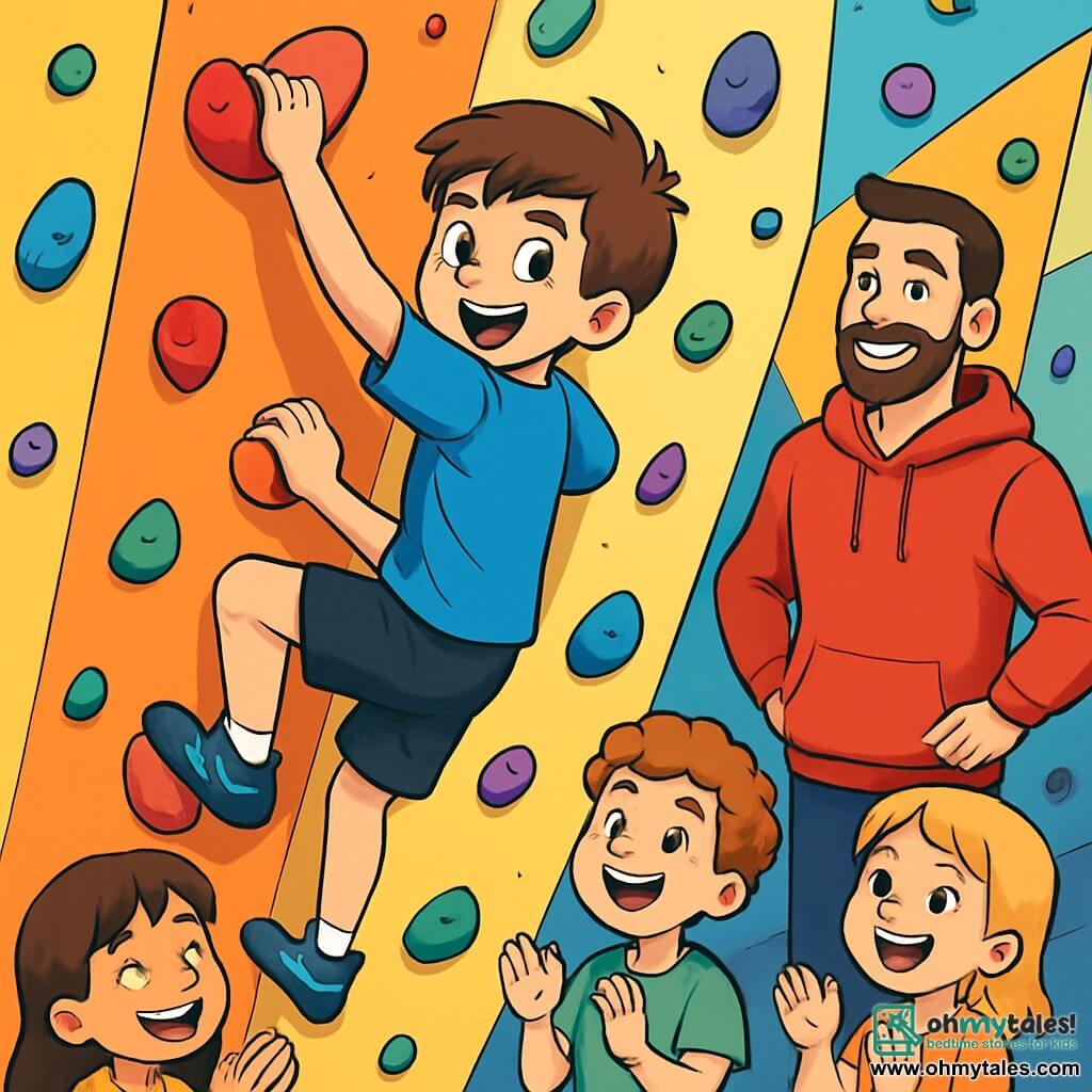 A 12-year-old boy, Sam, with chestnut hair and sparkling eyes of determination, enthusiastically climbs an indoor climbing wall. He wears a bright blue t-shirt and black shorts, his hands covered in white chalk, and his face shows joyful concentration. A few meters below, Coach Riley, a man in his thirties with a well-groomed beard and an encouraging smile, watches Sam with pride, ready to assist him. He is dressed in a red hoodie and sports pants. The climbing wall is tall and colorful, with holds of various shapes and colors, while children laugh and cheer around, creating a dynamic and joyful atmosphere. Sam reaches a difficult hold, his body tense, and he appears ready to overcome his challenge, surrounded by peers who are applauding him.