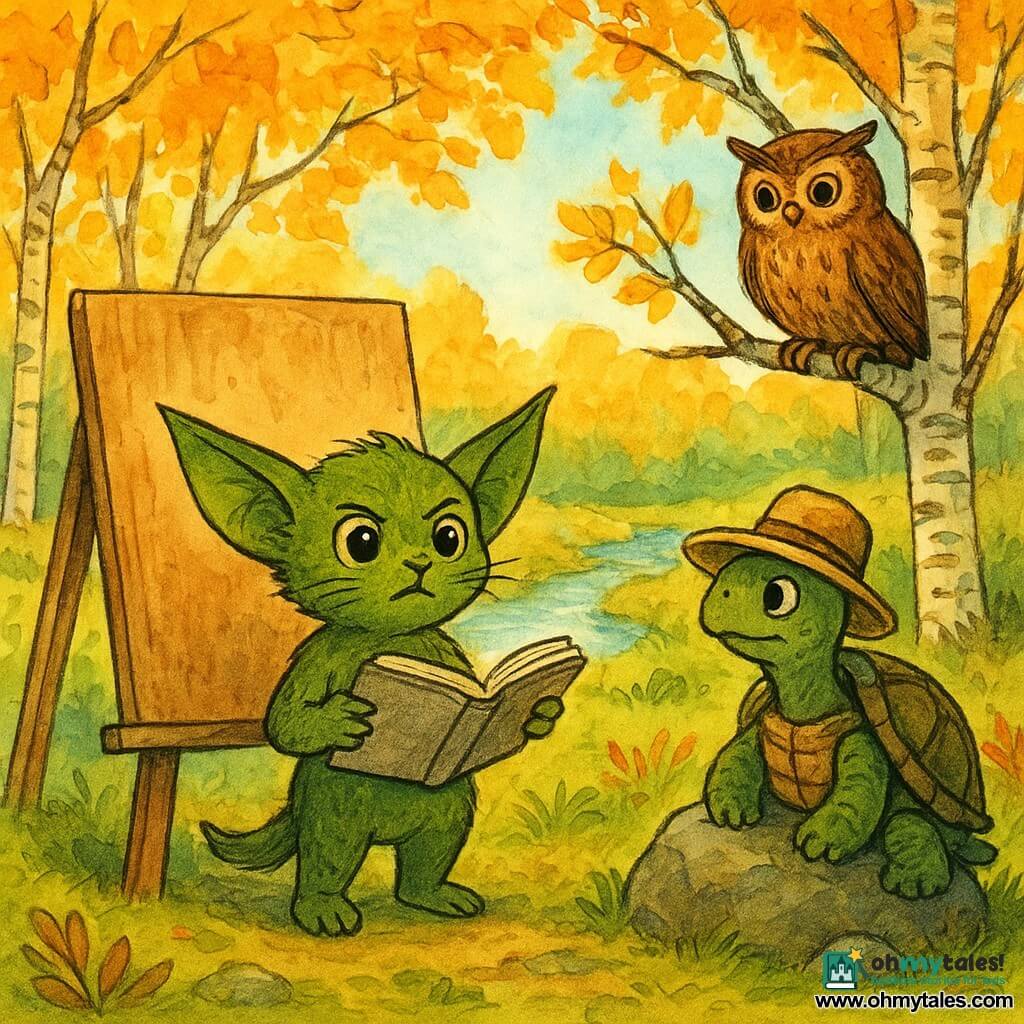 Moss, a small creature with bright eyes and pointed ears, stands proudly in front of a wooden board, holding an open notebook. His expression is determined and attentive, with his whiskers slightly twitching. Next to Moss, a turtle wearing a straw hat observes calmly, its eyes full of wisdom, sitting on a rock. An owl, perched on a nearby low branch, watches with interest, its feathers smooth and eyes wide open. The setting is a sunny clearing surrounded by birches with golden leaves, with a sparkling stream gently winding in the background. The main scene shows Moss explaining to gathered neighbors, who listen attentively, how to save energy and care for their environment. The colors are bright and warm, reflecting an atmosphere of learning and community.