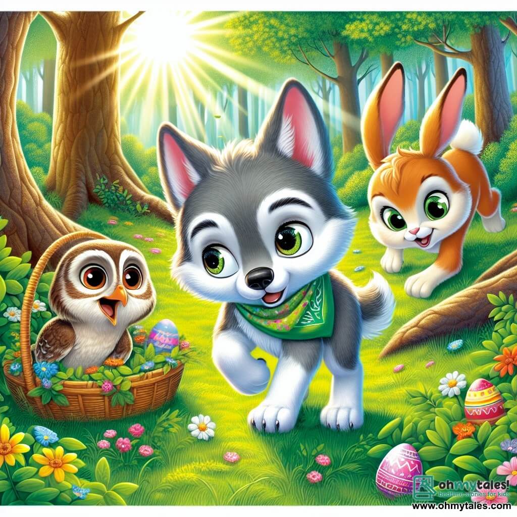 In the center of the image, a small wolf named Finn, with gray fur and sparkling eyes full of excitement, stands on his hind legs, looking around with a mix of concern and determination. He wears a colorful scarf around his neck, adding a cheerful touch to his appearance. To his right, Hazel, a young bunny with large ears and light brown fur, squats with wide eyes of enthusiasm, holding a small basket filled with wildflowers. She looks ready to jump, eager to start the egg hunt. On the left, Misty, an owl with brown and white feathers, perches on a tree branch, her wise round eyes scanning the ground below with a focused expression, ready to give advice to her friends. The setting is a sunny glade surrounded by majestic trees with bright green leaves, dotted with colorful flowers on the ground. A soft ray of sunlight filters through the branches, illuminating the scene with warm light. The main situation shows Finn and his friends in action, searching for the precious Easter egg, with expressions of enthusiasm and curiosity as they explore their lush and magical environment.