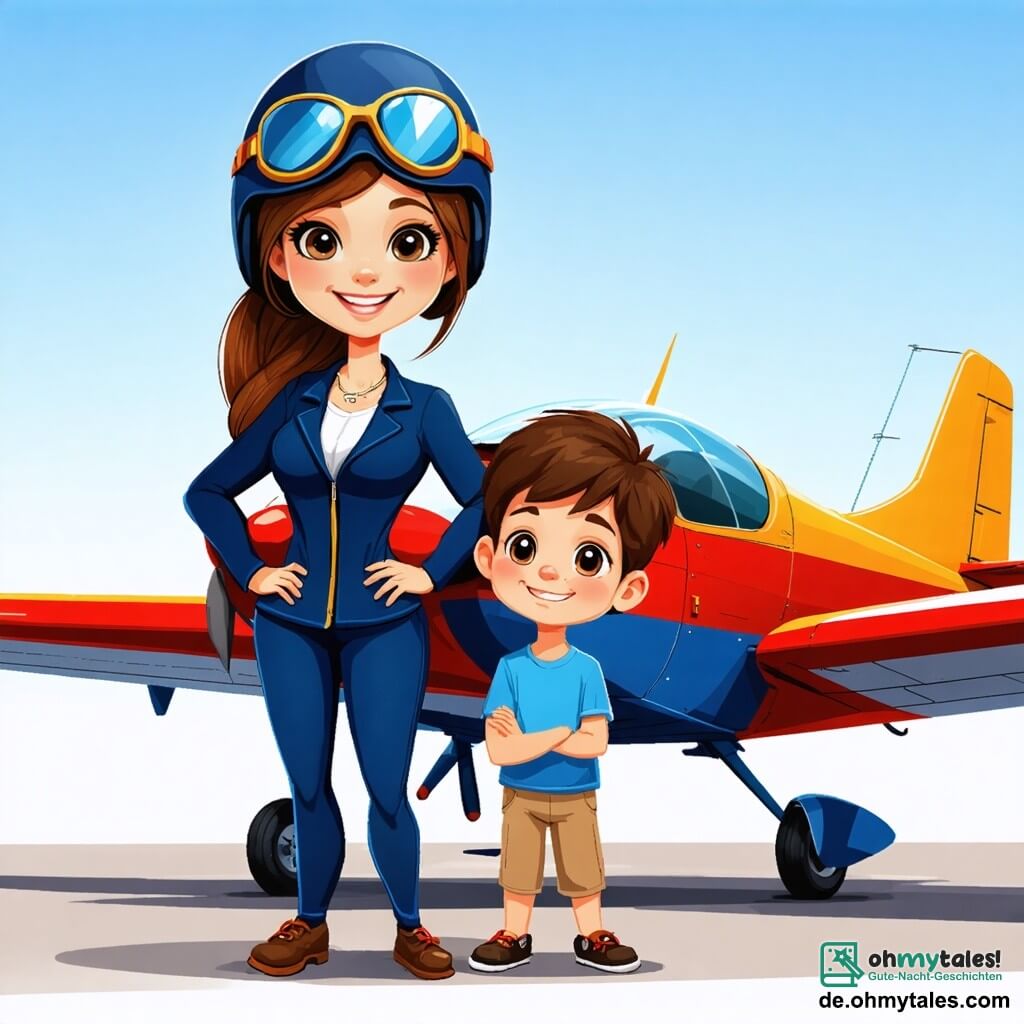 Eine Pilotin, Anna, steht stolz vor einem bunten kleinen Flugzeug mit einem breiten Lächeln im Gesicht. Sie trägt einen marineblauen Pilotenanzug, einen glänzenden Helm und Sonnenbrillen, ihre kastanienbraunen Haare zu einem Pferdeschwanz gebunden. Ihr Blick drückt Leidenschaft und Begeisterung für die Luftfahrt aus. Neben ihr schaut Max, ein 11-jähriger Junge mit zerzausten braunen Haaren, bewundernd auf das Flugzeug. Er trägt ein rotes T-Shirt und Shorts und hält ein kleines Papierflugzeug in den Händen. Etwas weiter entfernt hebt Sophie, ein 12-jähriges Mädchen mit geflochtenen blonden Haaren, freudig die Arme in die Luft, gekleidet in eine bunte Bluse, voller Energie und Enthusiasmus. Die Szenerie ist ein heller Hangar, gefüllt mit mehreren bunten Flugzeugen, auf Tischen liegen verstreute Werkzeuge und an den Wänden hängen Flugplakate. Sonnenlicht strömt durch die großen Fenster und taucht die Szene in eine warme, einladende Atmosphäre. Die Hauptsituation zeigt Anna, die den Kindern erklärt, wie ein Flugzeug funktioniert, während Max und Sophie, fasziniert, aufmerksam zuhören und gespannt darauf sind, die Geheimnisse des Fliegens zu entdecken.