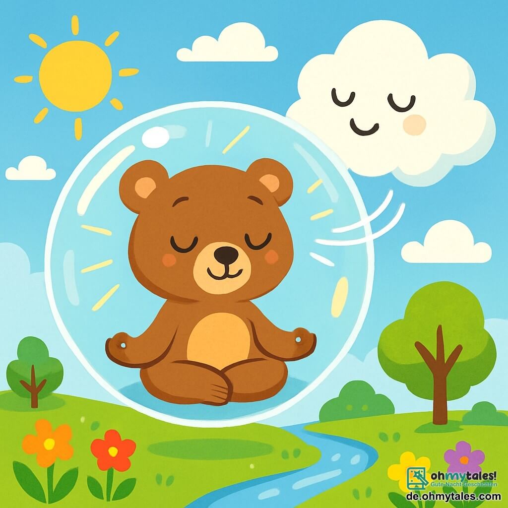 Ein kleiner brauner Bär mit funkelnden Augen und einem sanften Lächeln sitzt in einer schwebenden, durchsichtigen Blase in Meditationshaltung. Sein seidiges Fell strahlt Ruhe aus, während seine Pfoten sanft auf seinen Knien ruhen. Neben ihm schwebt eine große, flauschige weiße Wolke mit einem lächelnden Gesicht und wohlwollenden Augen, die beruhigende Worte murmelt. Der Himmel ist hellblau, mit bauschigen Wolken, und die Sonne strahlt sanft, wirft goldene Strahlen durch die Blase. Darunter erstreckt sich eine grüne Landschaft mit leuchtenden Blättern an den Bäumen und einem glitzernden Bach, der sich zwischen bunten Blumen schlängelt. In dieser Szene praktiziert der kleine Bär tiefes Atmen mit geschlossenen Augen, während die Wolke auf ihn achtet und eine Atmosphäre der Ruhe und des Wohlbefindens schafft.